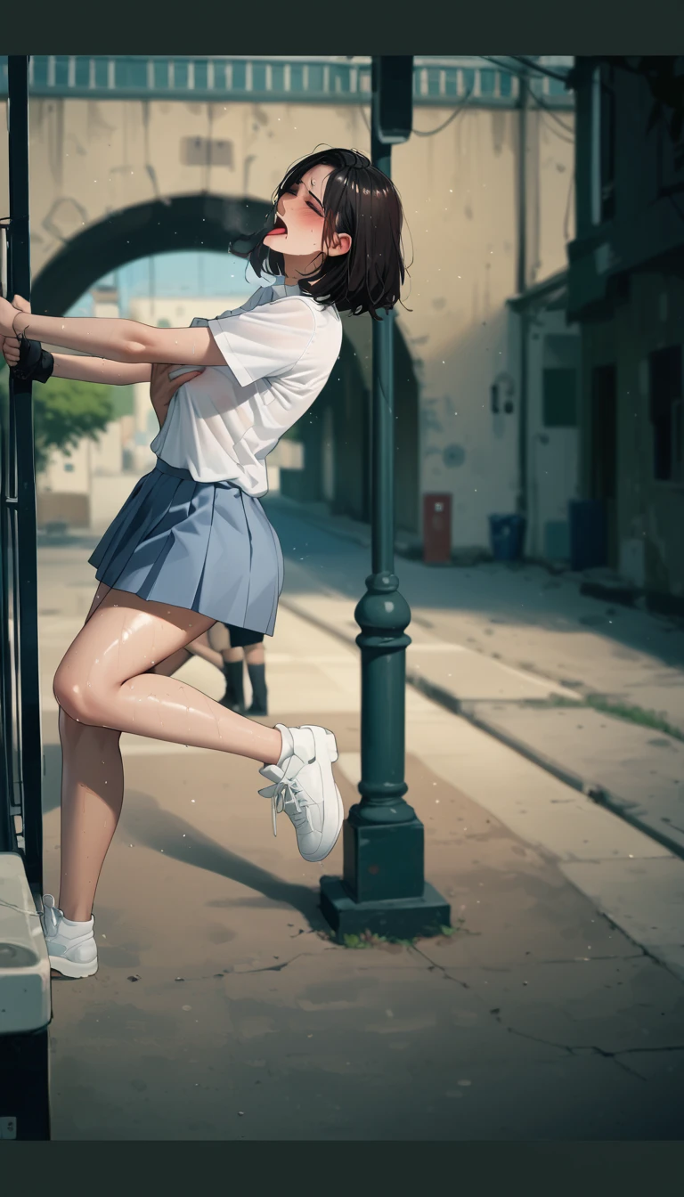 Beauty all over the body,Long legs,Schoolgirl in red sweatshirt,athletic sneakers,Stand head-on,a skirt,greybackground