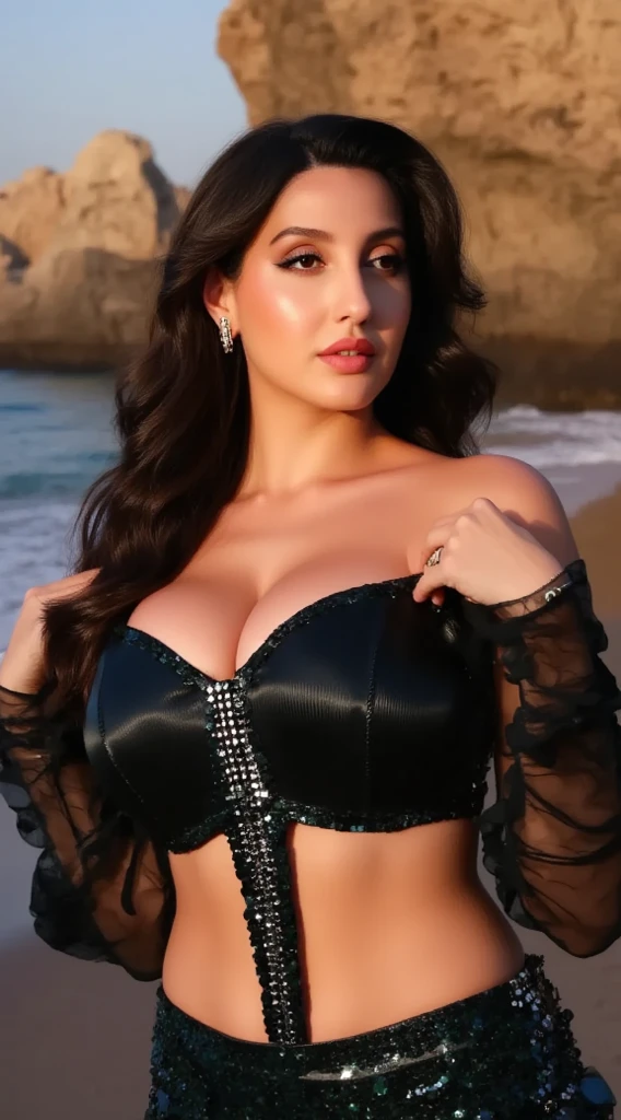 Image of a dark-haired woman with windblown curls, her hair is intertwined, like a flame against the twilight sky radiating unbridled beauty, Big breasts, mascara, eyeliner, expressive lips, alluring necklace, smoky eye makeup, in los angeles california, big breasts ! wearing a backless colorful britto style outfit, looking over her shoulder, big smile