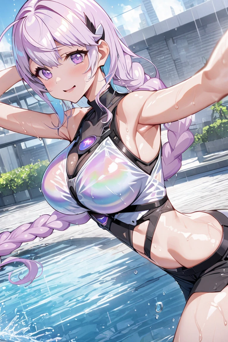 Shiny purple swimsuit、Pink love hotel with dim lights、smile、Lightly open your mouth、Evil female executive、adult、Married Woman、Kneel、Rub your chest with your hands、Landscape