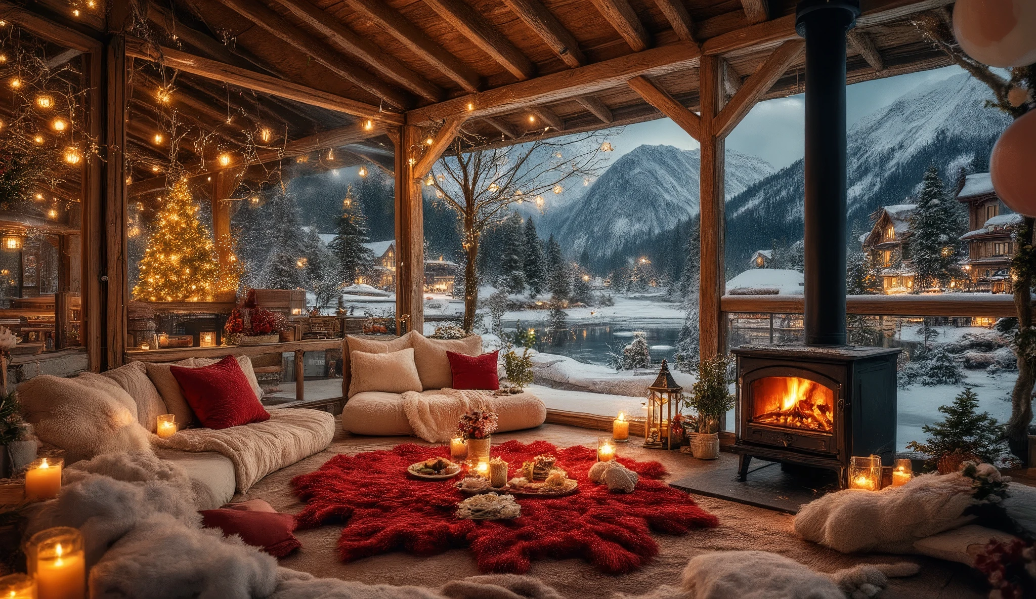 Image depicts a cozy, rustic outdoor living space with a wooden structure and open layout, overlooking a serene,Pictures show super realistic a romantic outdoor scene khunggtalk but surrounded by glass on the sides and ceiling with snow accumulating ,hugging pillows and white gas moons are placed on a red fur carpet floor , Modern fireplace, next to a brightly colored Christmas festival village glittering lights in teaching himalayan mountains overlooking the streets decorated with lots of flashing lights and Christmas themes, and snow-capped mountains . The space is decorated with burning candles, white and red roses , , a low table covered with white towels, and a variety of food and drink. . There are also soft pillows and a soft blanket on the floor, create cozy spaces . The background shows a brightly decorated Christmas tree themed pit, at night under the light of a lamp with mountains and illuminated houses in the distance.. The general atmosphere is very serene and intimate, ideal for a romantic picnic or a special occasion, There are balloons and party balloons in the room with the words “two happy months” and also some cuddly pillows and blankets snow-covered landscape. The area features a comfortable seating arrangement with plush beige cushions and fur throws, creating a warm and inviting atmosphere. A black wood-burning stove with visible flames provides warmth, accompanied by several lanterns and candles emitting a soft, ambient glow. The background showcases a tranquil, frozen lake surrounded by snow-laden trees under a cloudy sky with hints of sunset colors. The overall scene exudes a peaceful, winter retreat vibe, blending natural beauty with cozy comfortThe picture shows a romantic outdoor setting but surrounded by glass on the sides and a ceiling with snow accumulations , Một ngôi làng lãng mạn trên ngôi làng ở dạy núi himalaya về đêm màu sắc tươi rực rỡThe picture shows a romantic outdoor setting but surrounded by glass on the sides and a ceil