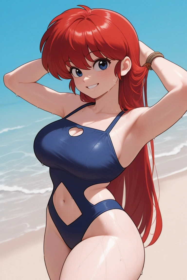 erza scarlet, blue bikini, curved, red hair, well proportioned, muscular, large thighs, medium chest, beach background, arms up, armpits visible