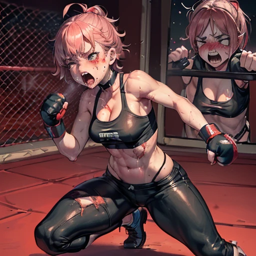 whole body picture of a male and afemale. a male streetfighter is striking a female streetfighter's cheek by hard punch in the backstreet. she is beated down. she is bloody. she has big pain. she is crying and screaming. she is beautiful and young. she is covered in scars and bruises. she is damaged terribry. Short-cut black hair, out of breath, drooling from mouth, one eye is closed, exhausted, drenched in sweat. Erect nipples, open finger glove, Whittled waistline, muscular, six-pack abs, Ragged tanktop and denim shorts.