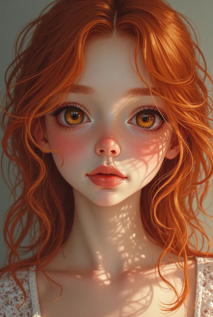 a  boy with white skin; long, wavy shoulder length orange hair; with wavy bangs in 4K as realistically as possible!! Make his hair long, the dark brown eyes. Do it with your eyes slightly closed and in a dark room.
