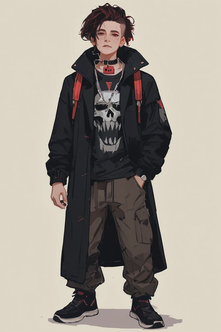 masterpiece, Best quality, permission 8k, male focus, sharp image, stunning composition, Volumetric lighting, super quality, Very detailed, Young guy 18 years old, black curly hair, gray tired eyes, thin build, thin lips, Bags under the eyes, black sweatshirt with skull print, post apocalypse, Ruin