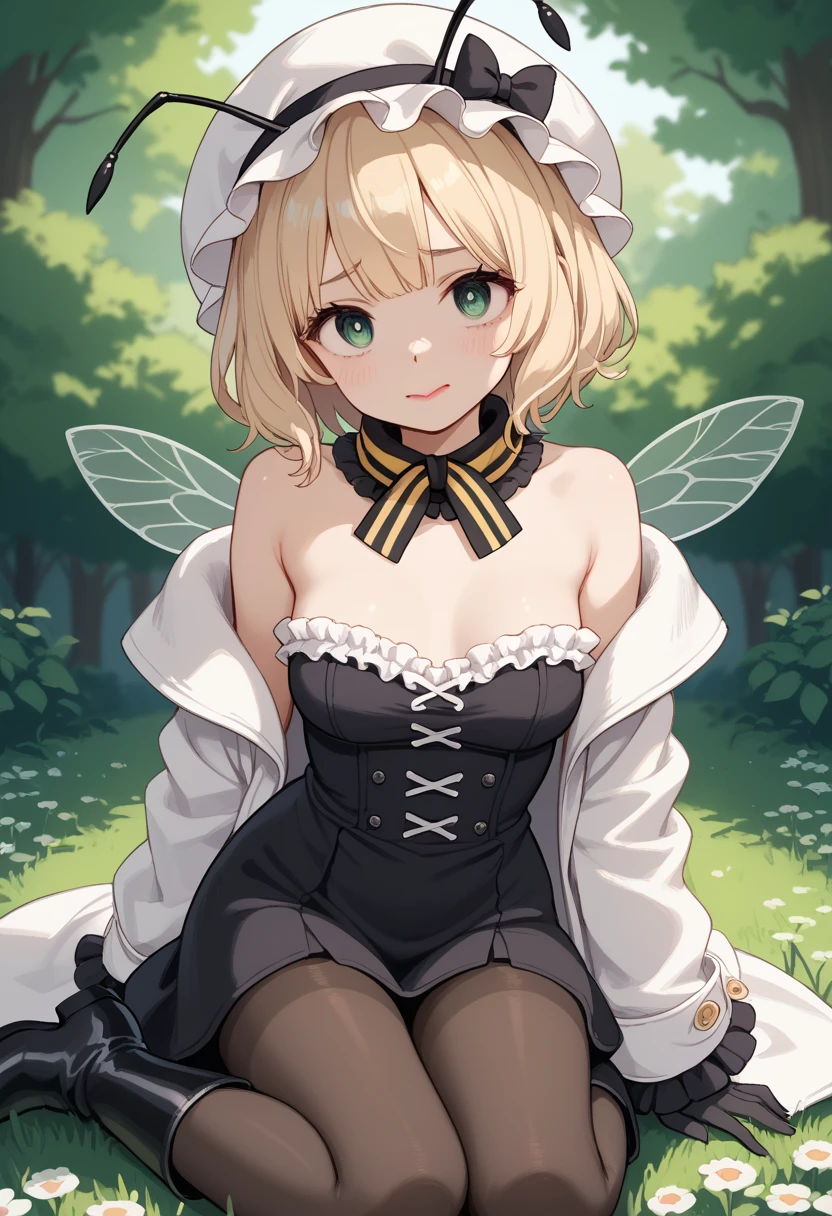 1girl,solo,antennae,black hairband,blonde hair,hair between eyes,hair flower,hair ornament,hairband,smile,red eyes,open mouth,large breasts,cleavage,(butterfly girl),butterfly wings,insect wings,(monster girl),crazy straw,day,dress,flower,grass,high heel boots,high heels,light blush,long sleeves,looking at viewer,outdoors,short hair,thigh boots,blue sky,cloud,