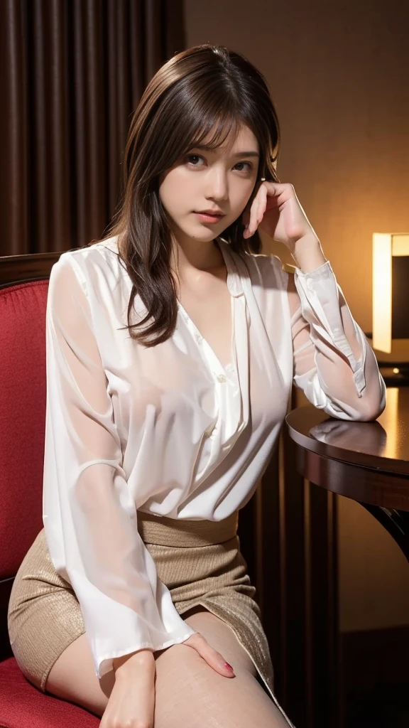 sitting at night bar, (naked and business shirt, Thigh: 1.1), ((of the highest quality, 8K, masutepiece: 1.3, Raw photo)), Sharp Focus: 1.2, (1 AESPA Girl :1.1), (Solo: 1.18), (Realistic, Photorealistic: 1.37), (Face Focus: 1.1), Cute face, hyperdetailed face, Short messy hair, updo, (Small breasts, flat chest: 1.3), flower, from below,