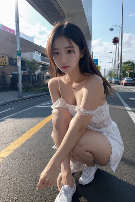 top-quality、Facial focus、Soft light、(depth of fields)、超A high resolution、(Photorealsitic:1.4)、RAW photography、(Above Knees:1.4)、((Bend one knee slightly))2 Japanese girls、Two 20-year-old girls、Colossal tits、(Full of shyness、cold smile:1.1)、(with brown eye)、Detailed beautiful faces、(Cute hairstyle)、high-angle shot、center view、Two Arapefi Asian women wearing satin flashes stand on a city street、Very cute girl、japanaese girl、Wearing a lace slip dress、Surrealism female students、Surrealism female students、schoolgirl pose、full body Esbian、pretty skin、glistning skin、Lovely thighs、glowing thigh、shiny legs、Black high socks above the knee、high school in Japan 、乃木坂アイドル、韓国アイドル、You are invited to participate、((Seductive eye))
