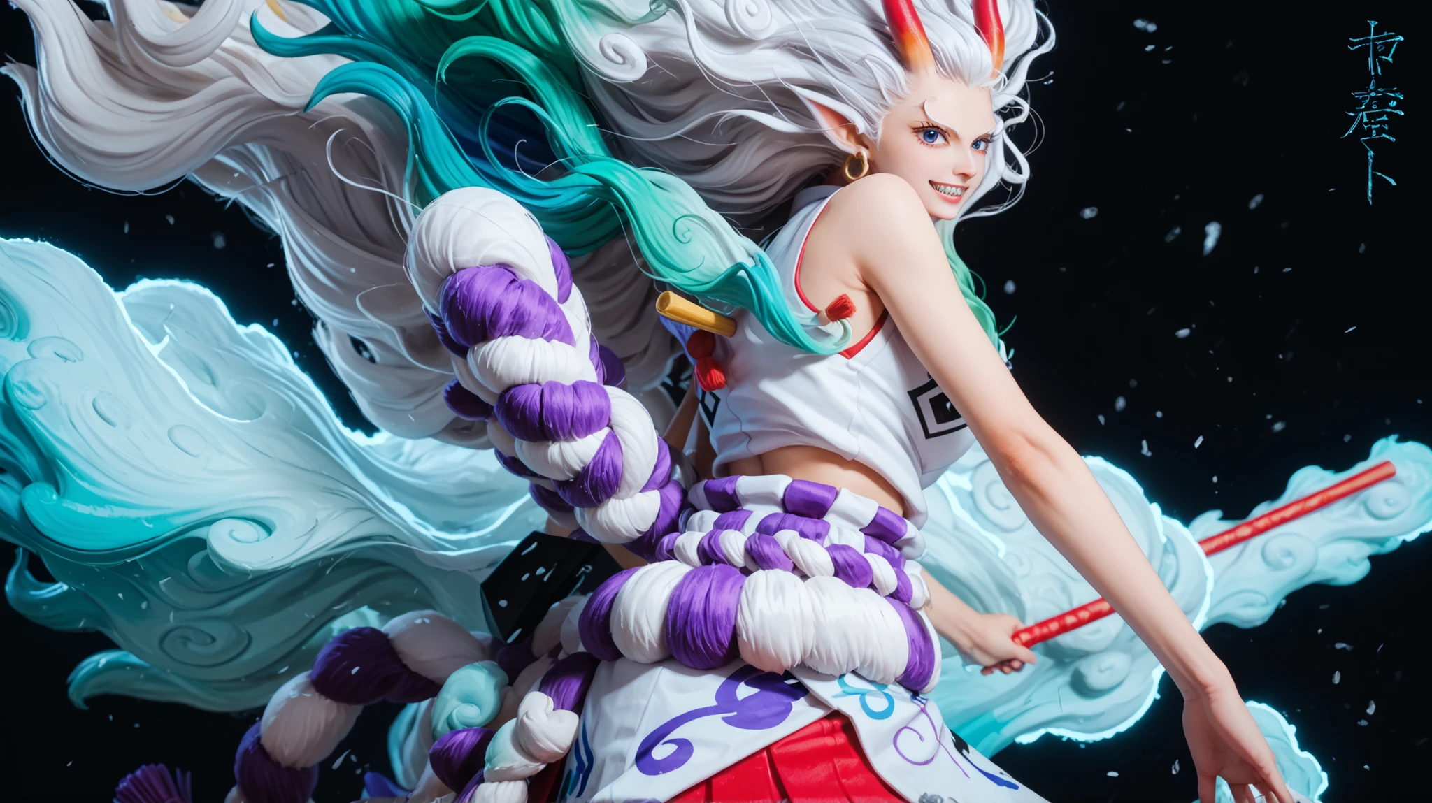 Yamatowanpi (multicolor hair: 1.2), light green hair (best quality: 1.0), (very detailed: 1.0), (1 girl: 1.3), score_9, score_8_up, score_7_up, score_6_up,yamato \(one piece\), Yamatowanpi (multicolor hair: 1.2), light green hair (best quality: 1.0), (very detailed: 1.0), (1 girl: 1.3), score_9, score_8_up, score_7_up, score_9, score_8_up, score_7_up, 1girl, solo, Expressiveh, (HBYamato, female wolf, youkai female, oni horns, blue eyes, white body, white fur, white hair, blue hair, two tone hair, wavy hair, earrings, white tail, blue tail, two tone tail, sharp teeth looking at viewer, smile, closed mouth), ((OPStyle)), close-up, white kimono, standing, black background, simple background, 4k, masterpiece, best quality, highly detailed, realistic, asian, beautiful (26 years old), toned stomach, intense expression, asian, cute, beautiful (26 years old), toned stomach, horns,