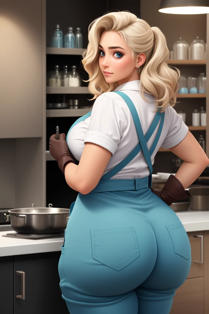 1 milf, breasts, solo, long hair, earrings, jewelry, cleavage, looking at viewer, full nude、((topless)), ((wearing only yellow short apron)), no other clothes, exposed large cleavage, exposed thighs, full body shot, full body, kitchen background, thick thighs visible, naked ass, nude pelvis, exposed ass cheeks, front view, looking into viewers eye, exposed thick thighs, red lips, blonde hair, blurry, , makeup, , kitchen background, night, large breasts, midriff, lipstick, lips, railing, collarbone, ponytail, short sleeves, see-through, cowboy shot,(tall:1.5),(narrow waist:1.2),(model:1.5),glamor,slender,,