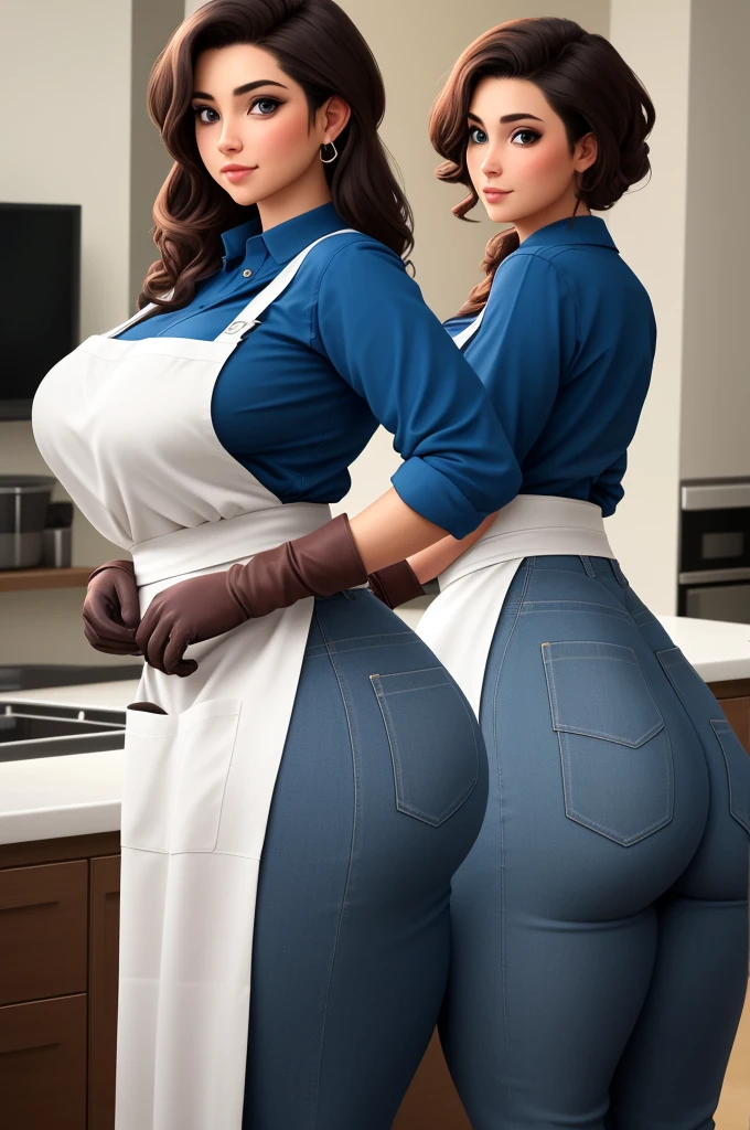 ((thick body mature women age 40 American milf super model)) 2women, walking into kitchen wearing shirt and blouse, back view, , (((lift skirt show panties to viewer, )))