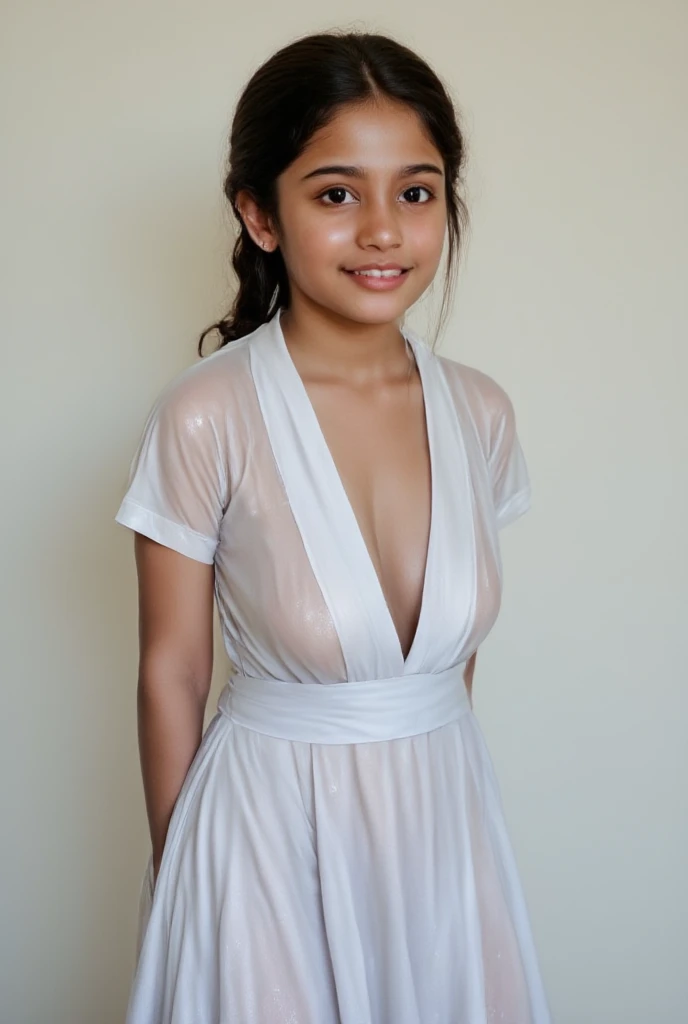 13 year old girl with medium length brown hair, children's pigtails hair, Latina facial structure, happy expression, she wearing a white sheer evening dress, bare shoulders, visible nipples, marked nipples, she in a dark street, full body view