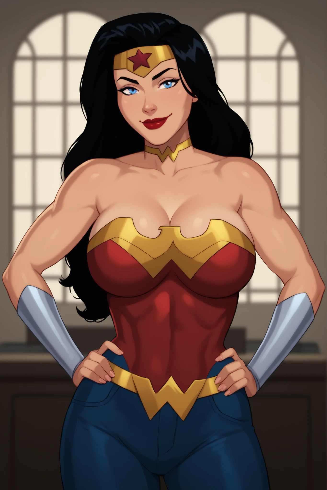 diana, black hair, blue eyes, light smile, tiara, blush:0.6, leaning forward,
toned, cleavage, armored bands, sleeveless, red top with gold trim, blue underwear with stars, bare shoulders,
standing, solo, cowboy shot, cameltoe,
(detailed areolas, detailed nipples, detailed breasts)
(insanely detailed, beautiful detailed face, masterpiece, best quality), <lora:wonderwoman:0.9>