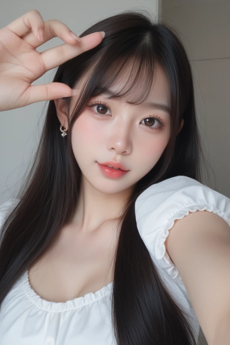 close-up of beautiful North Korean female, length hair, straight hair, flat bangs hair, 38 inch breasts size, tight camouflage strapless tube top, tight camouflage legging pants, in the barbershop male, afternoon, seeing billboard is behind, Barbershop male background, UHD