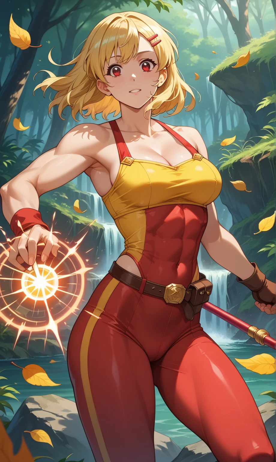 ((full-body photo, feet on the ground, front view)). Princess Zelda, {big breasts, red cheeks, red lipstick on her mouth, looking at the viewer}, {((black outfit with gold trim/maid's outfit with short shorts)}, she's bathing in a waterfall in an open area falling water, clothes and hair soaked. She has {((short green hair, blue eyes, looking at the viewer, smiling)}, anime, anime style, motion blur, 16k, high quality, super detail, textured skin, anatomically correct, masterpiece, masterpiece, masterpiece, UHD, ccurate