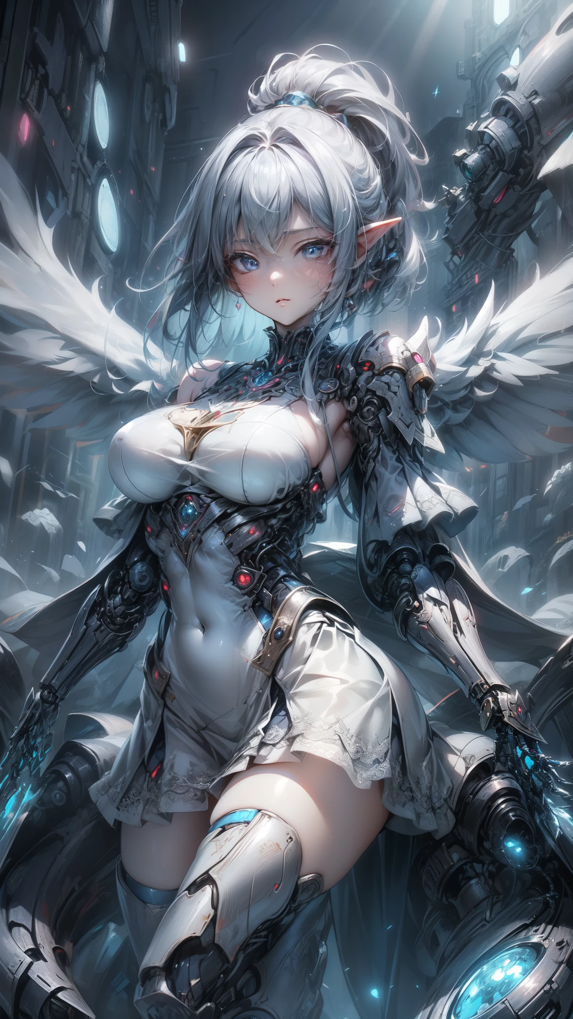 (masterpiece、highest quality, wonderful, very detailedティッカーユニティ、8k wallpaper, Depth of written boundary, Ultra-fine illustration:1.5)、。.。.3D, very detailed, (Full body Esbian、Mecha elf girl:1.3), sci-fi battlefield, Hawken, shy smile, open your mouth、short ponytail hair, (white blonde hair, deep blue eyes:1.2), sparkling eyes, Embarrassingly cute face, cute, big breasts, delicate hair, messy hair, (((null、青くて広いnull、White cloud、shiny hair, shiny skin, (Symmetrical mechanical winetallic colored mechanical wings that are widely expanded to the left and right so that they protrude wonderfully from the screen, bite, white hair ornament), (particles of light, cinematic lighting: 1.3), (pale pink lips: 0.8), by Yusuke Murata.