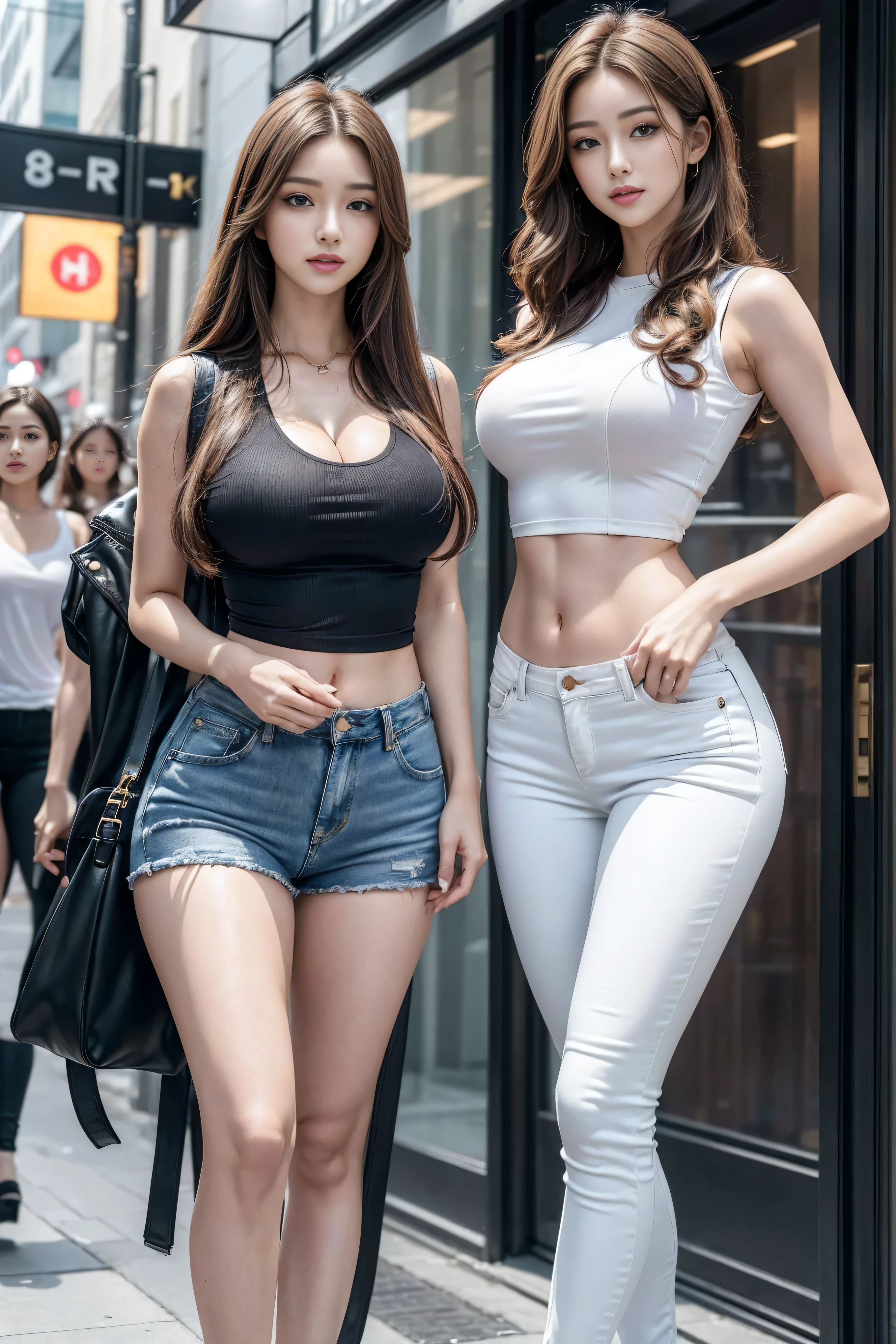 ((Realistic lighting, best quality, 8k, masterpiece:1.3)), (Lock focus:1.2), (2 busty girls),(Beautiful woman with perfect figure:1.4), : 2 beautiful Korean girls, Korean pop idol,Leg length,(Pale skin), (big eyes),(Smile:0.8),(Plump and sexy lips), Complex and detailed face, ((Super delicate skin)),Delicate face,Ultra-thin face,Fine Eyes,Double eyelids,((golden curly hair)), (White lace underwear:1.4),Background Shibuya street,emphasize,Ultra-thin face,Fine Eyes,Double eyelids,(Start from below:1.attitude,(Mid-chest:1.2),Sexy long legs, (Thigh gap:1.5),Wide hips,S-Shaped Body,Vest line, Hips lifted,Leg length,Skinny denim trousers,Shooting from the front,Body proportions,Over-the-knee leather boots,