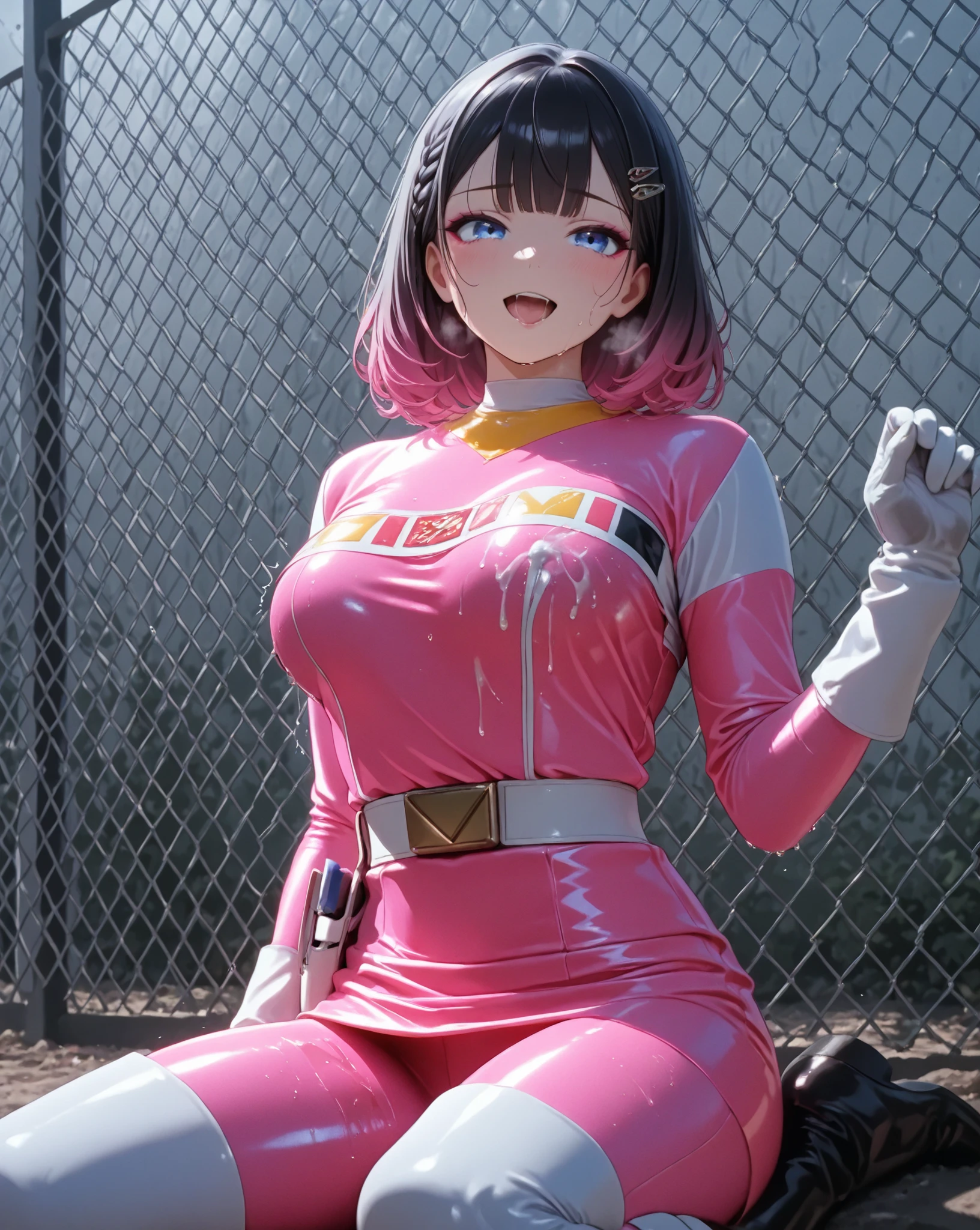 girl, with big breasts, pink spy suit, dark skinned ebony