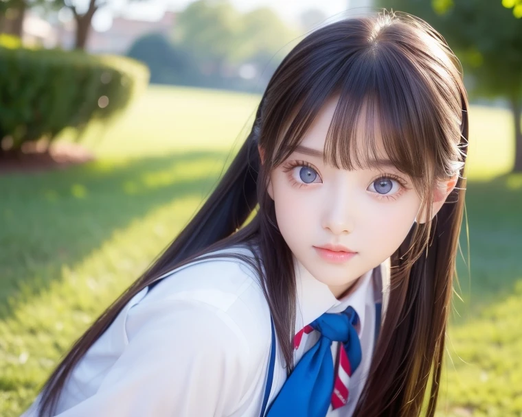 bright expression、fotorealsim、best quality、超High resolution、pictures、Very beautiful Nordic girl photo、Cute and beautiful face details、Beautiful bangs、Alice in the Wonderland、20 years old、Shining white shining skin、Bangs that stick out to the face、bangs 、Hair between the eyes、Super long hair、Attractive bright natural silver super long straight fine hair、Smoother hair、Bright light blue big eyes bright and beautiful radiant attractive、School uniform、winter clothes、eye liner、Double eyelids、breast big