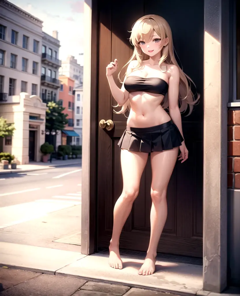 A naked strawberry blonde girl standing next a brick wall barefoot, in the style of Pixar