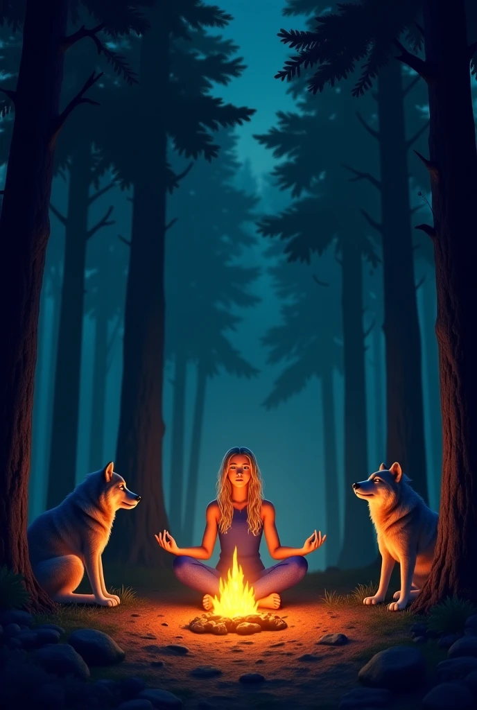 Tantric priestess woman in shorts with tattoos and percings meditating on the banks of a river next to a wolf Photo Realistic --auto