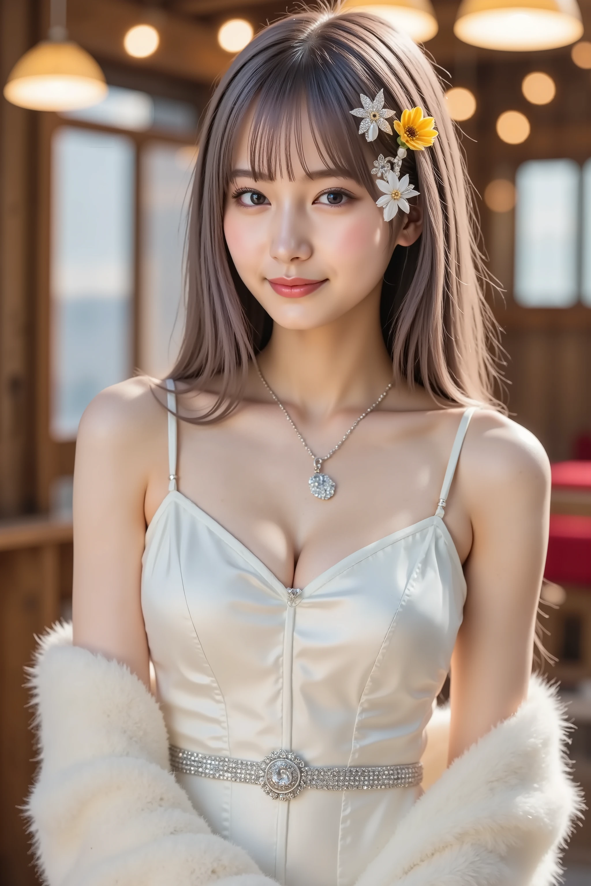 haruka, firm breast, by adjusting the framing so the subject's full head is visible within the composition, with the crop showing only from just above the bust to slightly above the top of the head. Ensure there is a comfortable amount of background space above the head to establish spatial context. A shimmering formal outfit featuring a pearl-white satin gown with a corset-style bodice. The bodice is structured with vertical stitching and decorated with silver embellishments shaped like leaves and snowflakes that catch the light. Thin spaghetti straps reveal the shoulders and collarbones with elegant simplicity. The satin fabric reflects soft highlights, emphasizing its smooth surface and creating graceful curves. A silver belt with small crystals wraps the waist, adding definition and sparkle. A plush white stole made of faux fur is draped over her arms, its fluffy texture contrasting with the gown’s sleekness. The fur has a subtle shimmer, catching warm interior light as it folds softly around her back and elbows. The gown flares slightly from the waist with gathered fabric, suggesting hidden volume and movement. Around her neck, a silver chain holds a pendant shaped like a frosted leaf, resting delicately at the collarbone. Her long, silver-lavender hair falls in soft waves over her shoulders, styled to frame her face, its cool tone complementing the wintery theme. A yellow and white plumeria flower is tucked near her temple, adding a gentle burst of natural color. The background suggests a cozy interior space with warm pendant lighting hanging from rustic wooden beams, casting ambient glows. Faint views of a snowy window and frost-covered glass hint at the chill outside, while the indoor light brings warmth to the scene. A touch of red fabric appears in the blurred background, introducing subtle contrast and visual depth. The overall setting combines delicate lighting, soft materials, and refined accessories to evoke a serene, elegant atmosphere perfect for a w