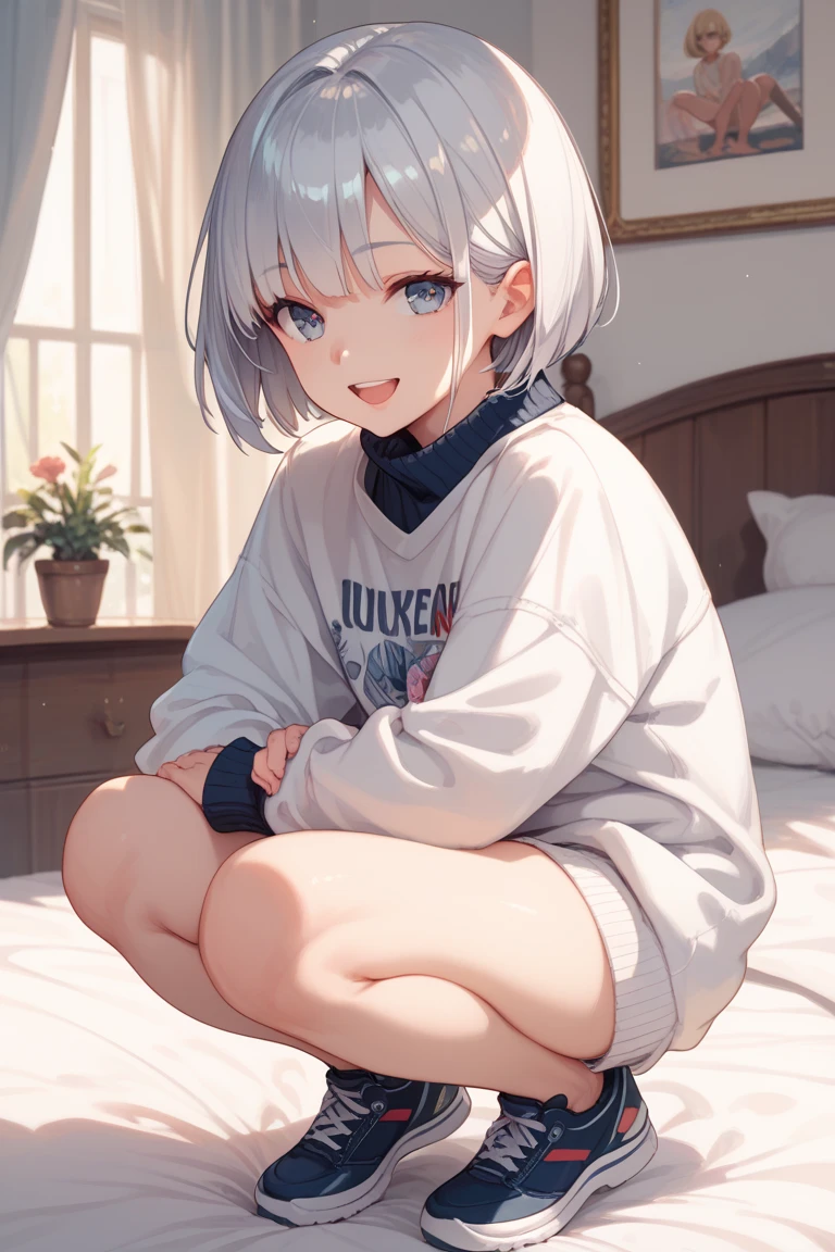 (Russia:1.6), beautiful, nice, 22 years old, amazing, masterpiece, naked, rich, Gorgeous, bed, Mansion, amazing, High resolution, (Realistic:0.5),anime,White panties,hoodie,Denim pants,Trousers half removed,blush,Hairstyle(Two Side Up),Silver Hair,black eye,smile