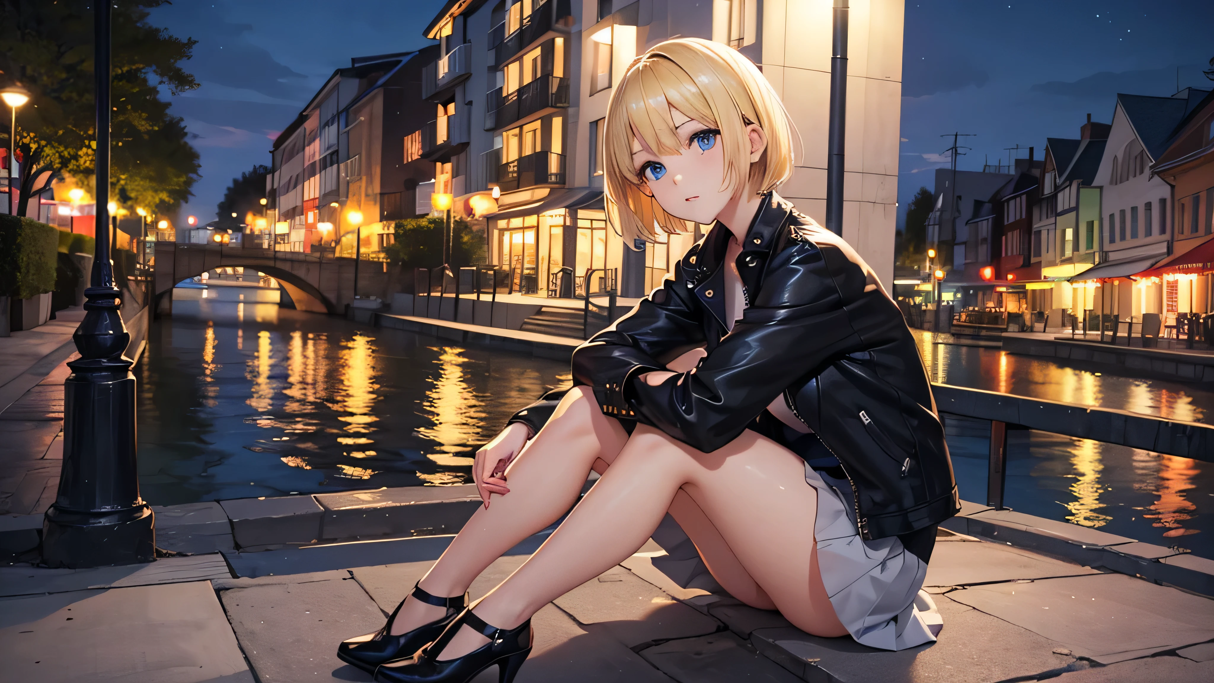 European girl portrait,alone,20-year-old,Beautiful Face,Upper Body,Hair on one eye,Medium Sidecut, Blonde, Sharp focus,Black T-shirt、Tight Skirt、(High heels:1.5)、Highest quality、masterpiece、masterpiece