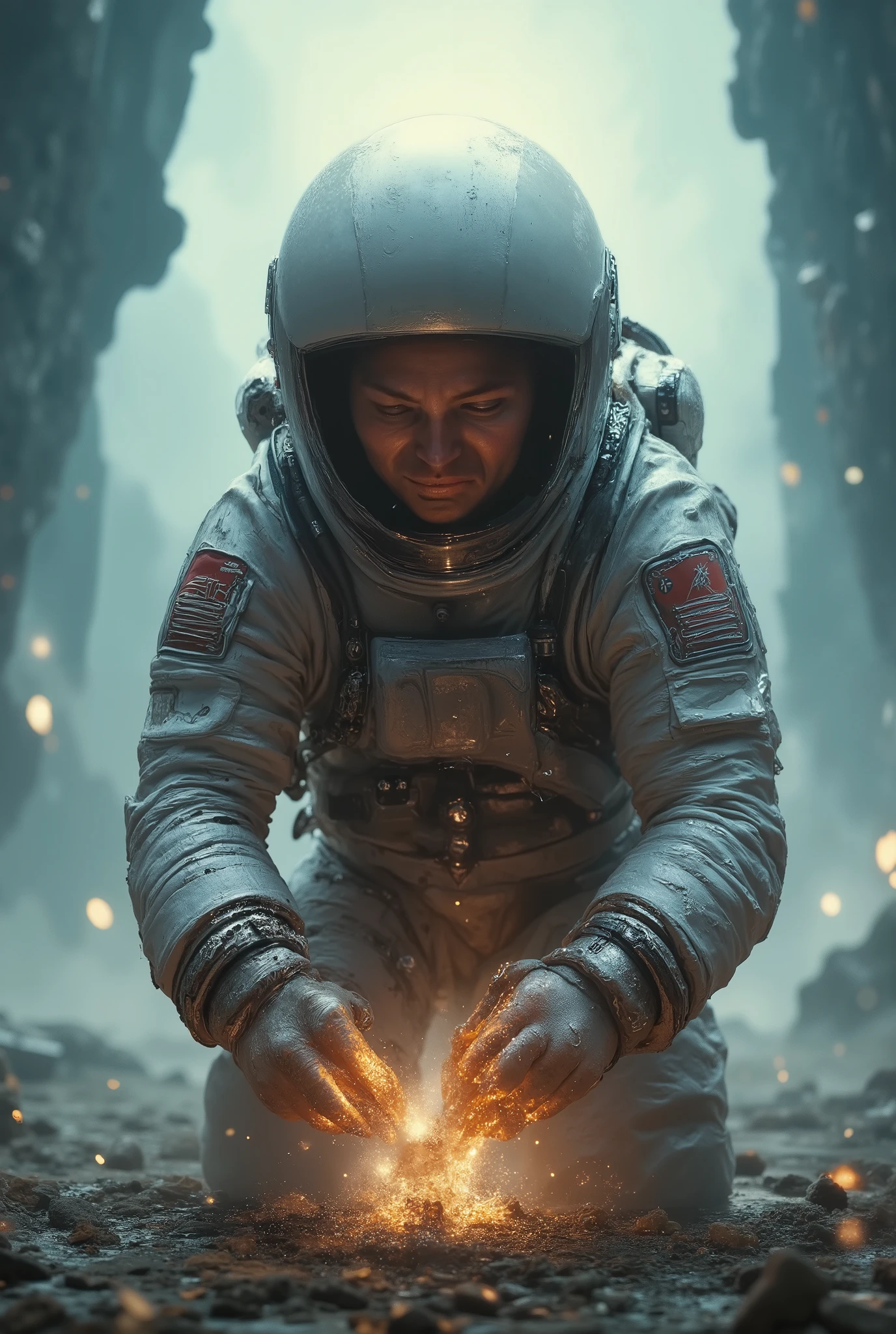 ( Astronaut is kneeling and facing something in front of him, terrifying that when touching he begins to destroy his costume, his face is static due to the effects of having touched something unknown in front of him, create a very enlarged and terrifying image of an astronaut's agonizing moment and a discovery that destroyed him (frontal image from the bottom up, 75º angle and diameter). ( The Astronaut is staring intently at the object