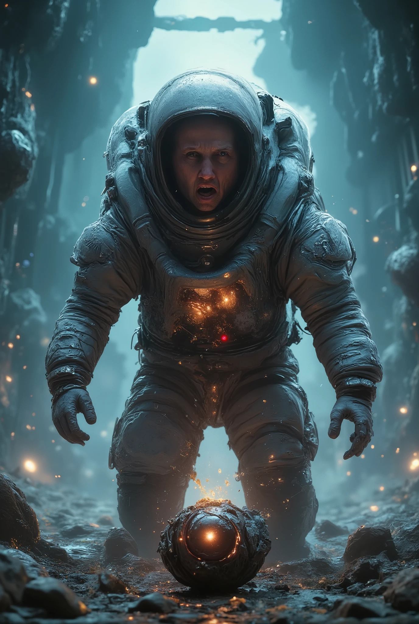( Astronaut is kneeling and facing something in front of him, terrifying that when touching he begins to destroy his costume, his face is static due to the effects of having touched something unknown in front of him, create a very enlarged and terrifying image of an astronaut's agonizing moment and a discovery that destroyed him (frontal image from the bottom up, 75º angle and diameter). ( The Astronaut is staring intently at the object ))