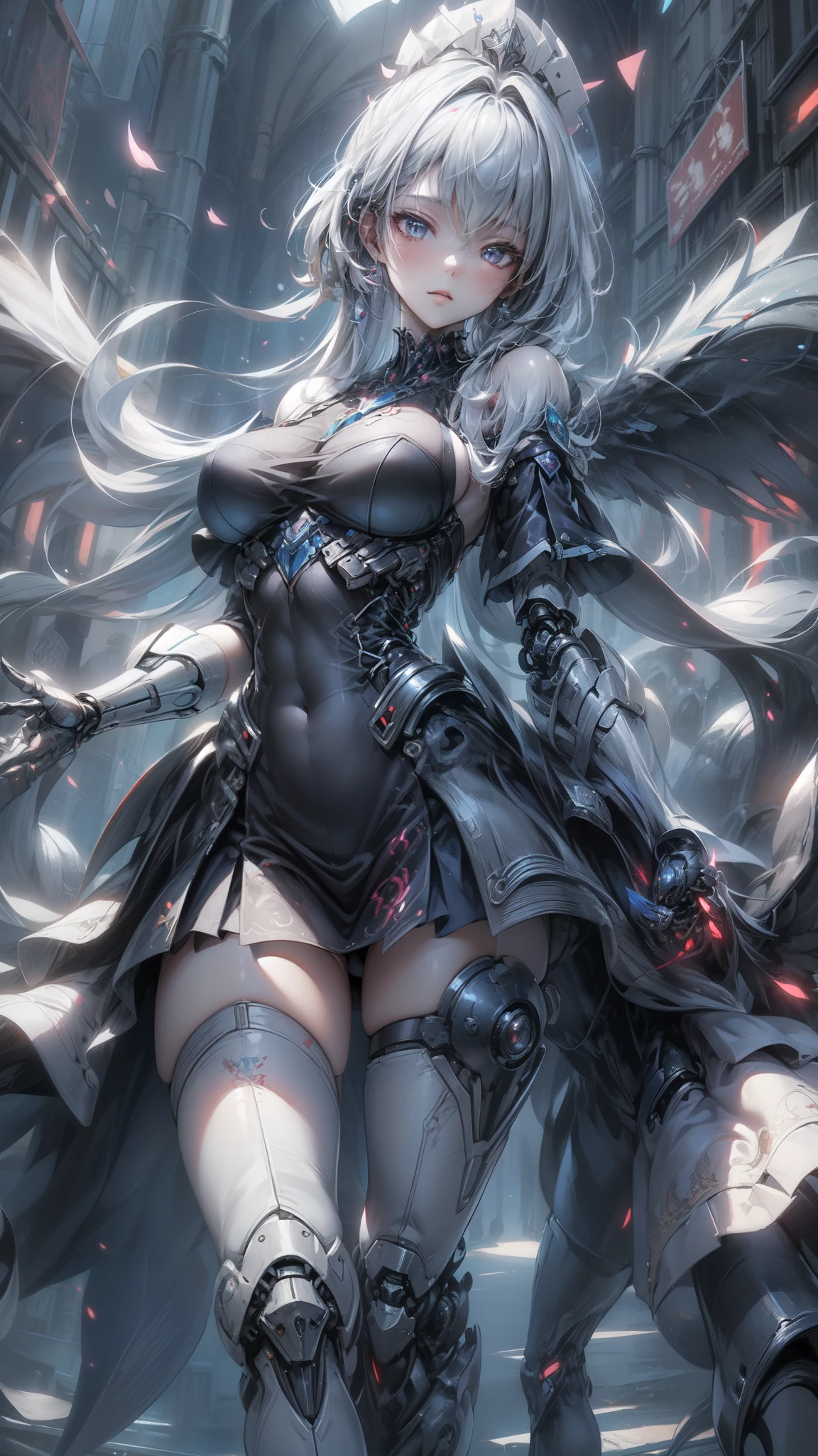 (((Masterpiece, top quality, super detailed))), ((Ultra-Photorealistic 3D)), Complex mechanical cyborg girl, Skeleton body, Dynamic combat action poses, Off-the-shoulder fashion fused with detailed and intricate steampunk and detailed gothic lolita, Complex steampunk headgear, very thin long legs, Complex mechanical boots above the knee, Fluttering Lace Flared Mini Skirt, beautiful small breasts directed upwards, rather long vertical cur, (((( highly detailed face))), small thin nose, small thin lip mouth, (((very sharp focused eyes))), very large slit precision pale gray eyes that shine like jewels. Very long eyelashes, ly silver hair moved by the wind, Emitting a dazzling light in a mandala pattern, Lots of neon lights cross and splash, Extremely complex giant mechanical weapons, Complex mechanical factory bursting into flames, Very dark night background, Very dramatic and cinematic lighting, (((a dramatic leap in overall precision, creating a super detailed and realistic image))), HDR (High Dynamic Range), Ray Tracing, NVIDIA RTX, Super Resolution, Unreal 5, Subsurface Scattering, PBR Texturing, Post-Processing, Anisotropic Filtering, Depth of Field, Maximum Clarity and Sharpness, Multilayer Textures, Albedo and Specular Maps, Surface Shading, Accurate Simulation Light Material Interaction, Perfect Proportions, Octane Rendering, Two-Tone Lighting, Wide Aperture, Low ISO, White Balance, Rule of Thirds, 16K RAW,
