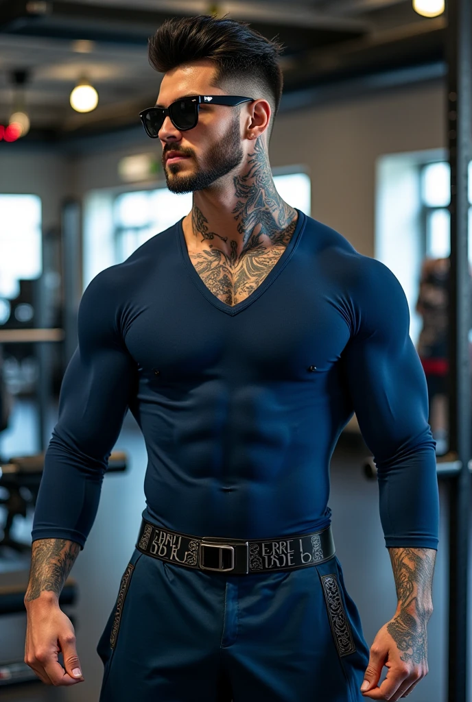 a very handsome man, with a haircut, massively muscular, with massively large muscles, blue sports shirt, seen very close up