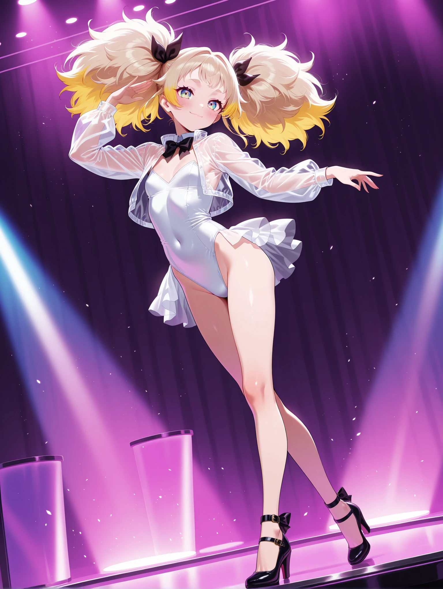 Beautiful full-length photo of an idol singer with 5 dancers, Masterpiece Quality, Shining Girls, Miniskirt Uniform, Bright stage lighting, Rock Stage, detail pink underwear, ultra wide-angle, from below, ?????, underwear, ????? under panties, ????? under clothes