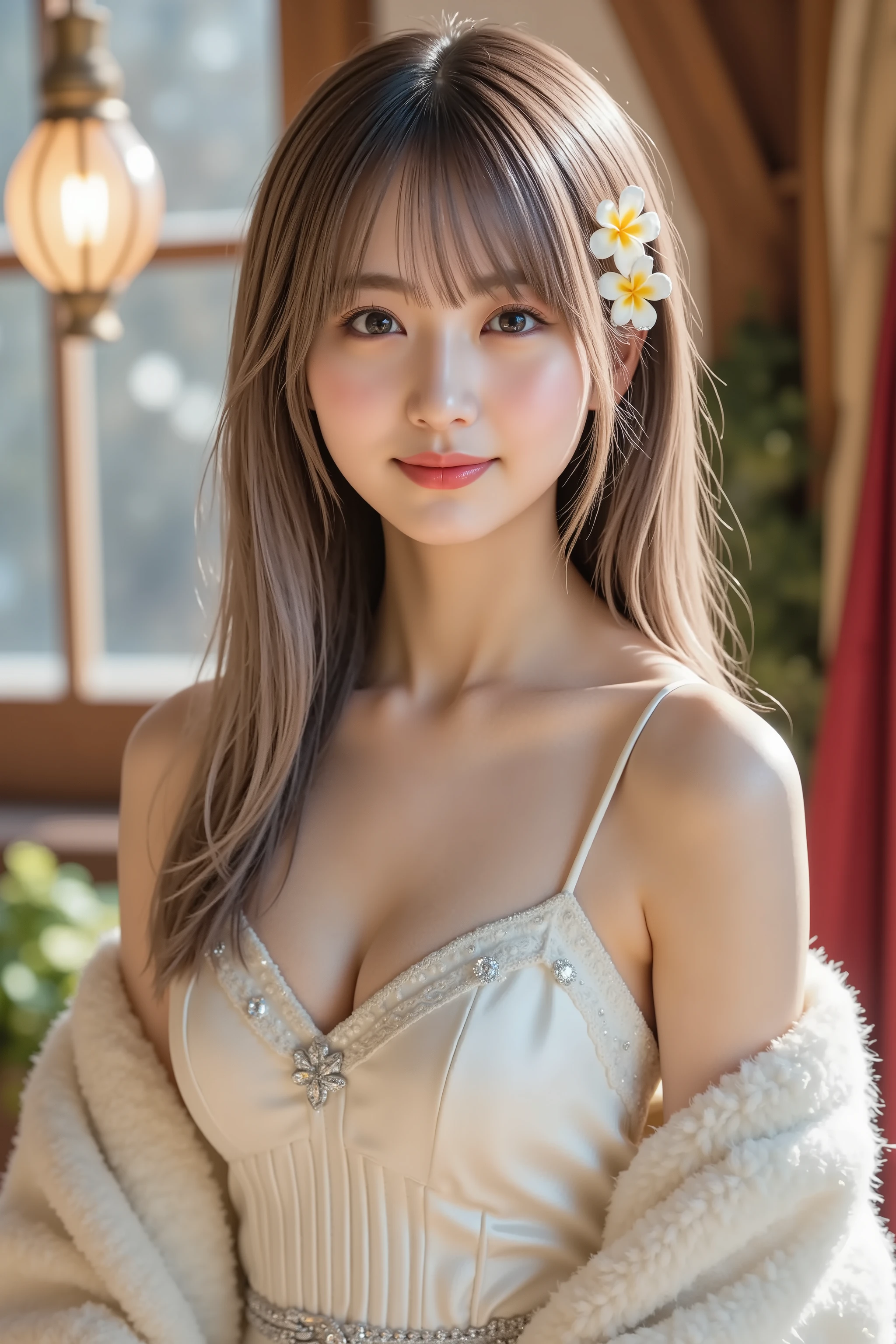 firm breast, by adjusting the framing so the subject's full head is visible within the composition, with the crop showing only from just above the bust to slightly above the top of the head. Ensure there is a comfortable amount of background space above the head to establish spatial context. A shimmering formal outfit featuring a pearl-white satin gown with a corset-style bodice. The bodice is structured with vertical stitching and decorated with silver embellishments shaped like leaves and snowflakes that catch the light. Thin spaghetti straps reveal the shoulders and collarbones with elegant simplicity. The satin fabric reflects soft highlights, emphasizing its smooth surface and creating graceful curves. A silver belt with small crystals wraps the waist, adding definition and sparkle. A plush white stole made of faux fur is draped over her arms, its fluffy texture contrasting with the gown’s sleekness. The fur has a subtle shimmer, catching warm interior light as it folds softly around her back and elbows. The gown flares slightly from the waist with gathered fabric, suggesting hidden volume and movement. Around her neck, a silver chain holds a pendant shaped like a frosted leaf, resting delicately at the collarbone. Her long, silver-lavender hair falls in soft waves over her shoulders, styled to frame her face, its cool tone complementing the wintery theme. A yellow and white plumeria flower is tucked near her temple, adding a gentle burst of natural color. The background suggests a cozy interior space with warm pendant lighting hanging from rustic wooden beams, casting ambient glows. Faint views of a snowy window and frost-covered glass hint at the chill outside, while the indoor light brings warmth to the scene. A touch of red fabric appears in the blurred background, introducing subtle contrast and visual depth. The overall setting combines delicate lighting, soft materials, and refined accessories to evoke a serene, elegant atmosphere perfect for a winter ga