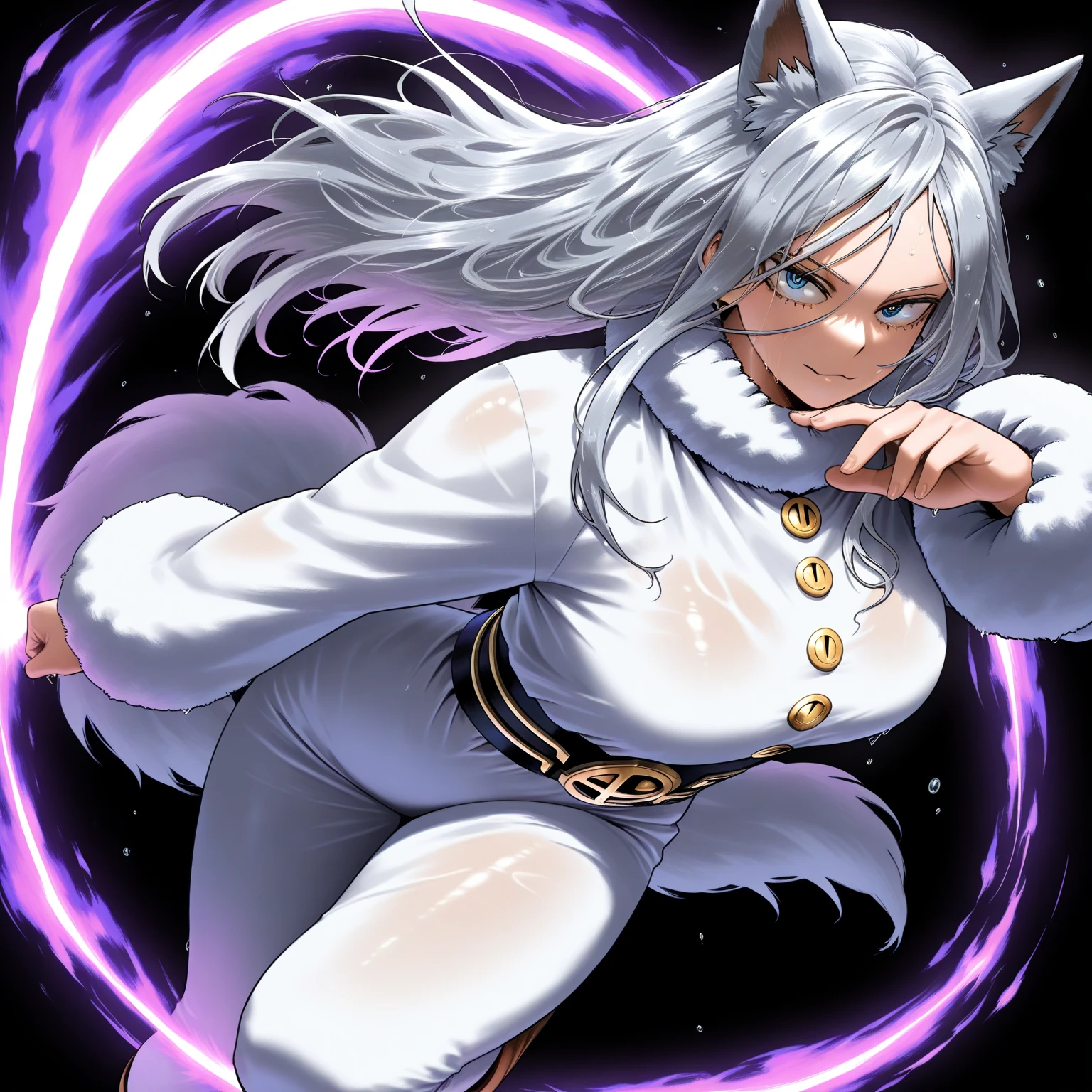 Rumi Usagiyama, long hair, animal ears, white hair, rabbit ears, dark-skinned female, muscular,
rabbit girl, muscular female, (red eyes:1.5), (parted bangs:1.5), (complete anatomy),
High resolution,Sharp focus,(Super detailed,Very detailed),(Very detailed CG unity 8k wallpaper),(((Vibrant colors))),{best illustration},
Complex eyes,Beautiful Eyes,Symmetrical eyes,Big eyes:1.5,Seductive eyes, (((dark skin,dark_skin,lustrous skin:1.5,bright skin: 1.5,
skin tanned, shiny skin,very shiny skin,Shiny body,plastic glitter, skin,exaggerated shiny skin,illuminated skin))),Perfect Fingers,
(Detailed body),(Detailed face)), cute,Lewd,erotic,Bold,Camel Toe,Revealing clothing,show skin,
thighhighs, gloves, sleeveless, white gloves, leotard, turtleneck, high leg, high leg leotard, fur collar, sleeveless turtleneck,
turtleneck leotard, sleeveless turtleneck leotard, crescent print,
Arrogant look, Domineering smile,
straddling, spread legs, knees away, Pump your fist, (from above:1.2),((close up head)),
,Cinematic,flame in background,Burning ruins falling to the bottom of the sky,
final battle,night,Sparks fly,Reflection of the flames,sparkle, light particles,