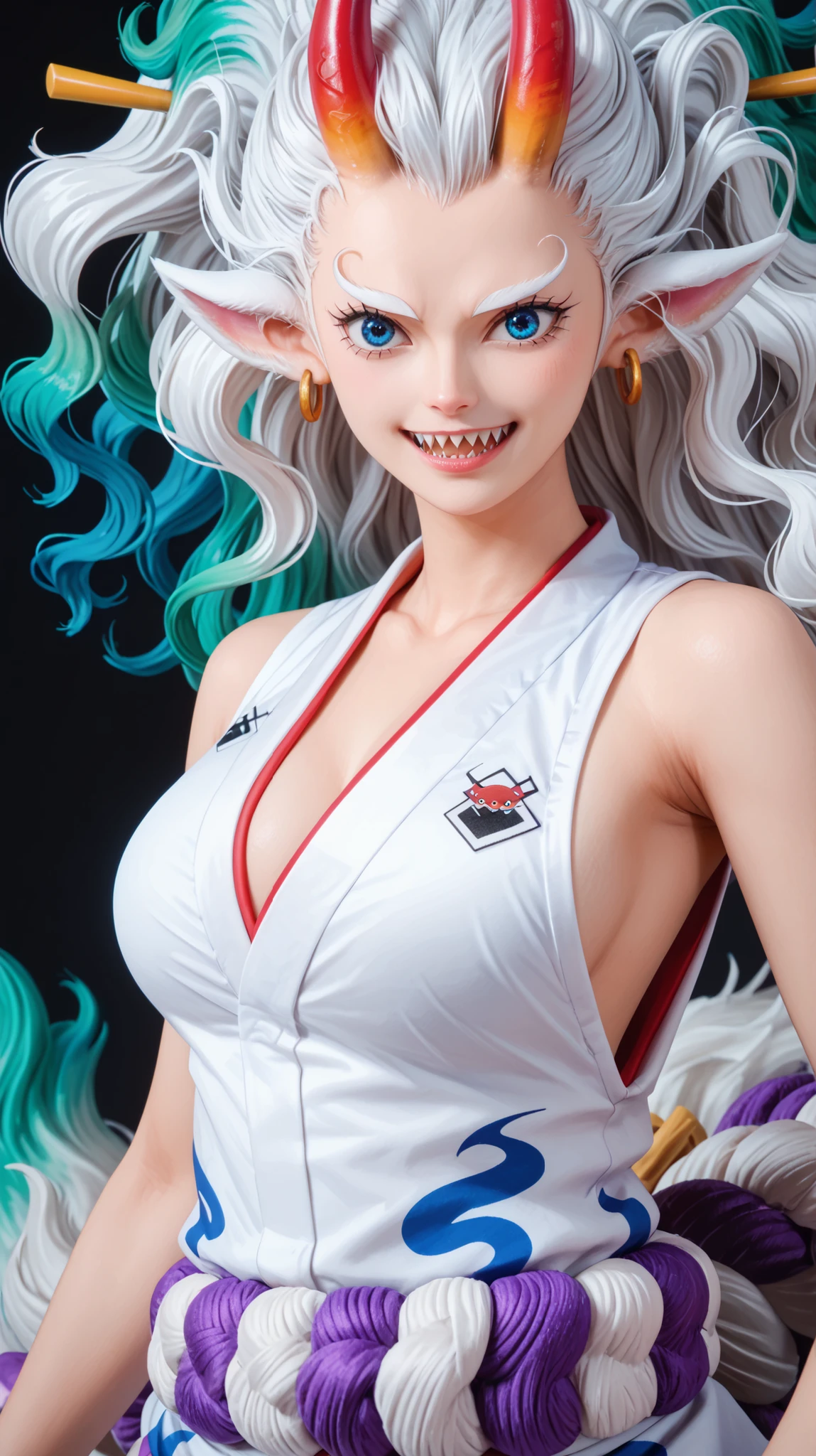 Yamatowanpi (multicolor hair: 1.2), light green hair (best quality: 1.0), (very detailed: 1.0), (1 girl: 1.3), score_9, score_8_up, score_7_up, score_6_up,yamato \(one piece\), Yamatowanpi (multicolor hair: 1.2), light green hair (best quality: 1.0), (very detailed: 1.0), (1 girl: 1.3), score_9, score_8_up, score_7_up, score_9, score_8_up, score_7_upscore_9, score_8_up, score_7_up, 1girl, solo, Expressiveh, (HBYamato, female wolf, youkai female, oni horns, blue eyes, white body, white fur, white hair, blue hair, two tone hair, wavy hair, earrings, white tail, blue tail, two tone tail, sharp teeth looking at viewer, smile, open mouth), ((OPStyle)), close-up, white kimono, standing, black background, simple background, 4k, masterpiece, best quality, highly detailed, realistic, asian, cute, beautiful (26 years old), toned stomach, horns,