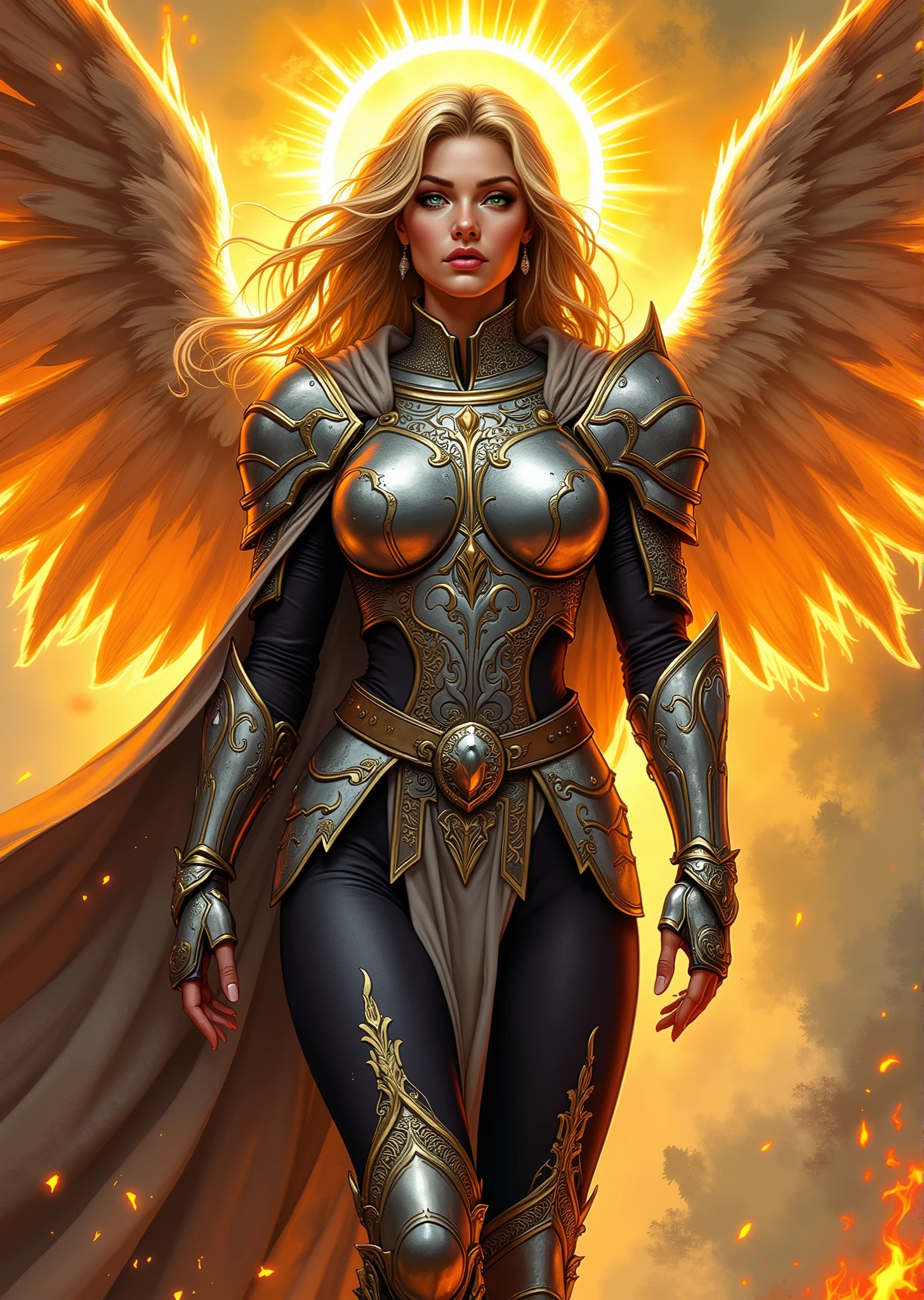 An extremely detailed comic book illustration of a stunningly beautiful extremely curvaceous Aasimar from dungeons and dragons descended from an angelic being infused with celestial power with features that hint at her celestial heritage such as metallic freckles luminous eyes a halo spectral wings or the skin color of an angel which can be silver opalescent green or coppery red trained as a Cleric following worshiping a Goddess of Light Flame and the Sun able to draw power from the realms of the gods and harness it to work miracles wearing a sturdy intricately designed chest plate that features ornate patterns suggesting a high level of craftsmanship with a metallic sheen likely made from a combination of steel and magical materials with sleeves adorned with lighter flexible armor that allows for movement while the gauntlets are robust providing protection to the forearms and decorative elements that match the chest plate with a cape flowing from the shoulders billowing dramatically that appears to be made from a rich shimmering fabric with a slight glow indicating it is possibly imbued with magical properties over fitted leggings reinforced with protective armor pieces with intricate designs that complement the upper armor and emphasize her extremely long legs with a belt cinching her waist in an art style inspired by Frank Miller and Conan the Barbarian. Overall, the outfit conveys a sense of authority and strength, blending functionality with aesthetic appeal, ideal for a character in a fantastical setting. The Background is awash in textured brushstrokes of brilliant dawn shades with flaming embers streaking across the background dramatically. Standing in a dynamic action pose. Trending on Art Station.