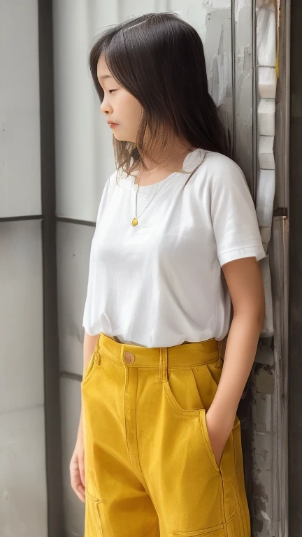 A full body photo of an 25 years old woman with short black straight hair, side part Bob haircut without fringe, side parted hairstyle, black eyes small, upturned nose, slender body, small breasts, wearing a short sleeve yellow blouse with buttons on the front and thight blue jeans