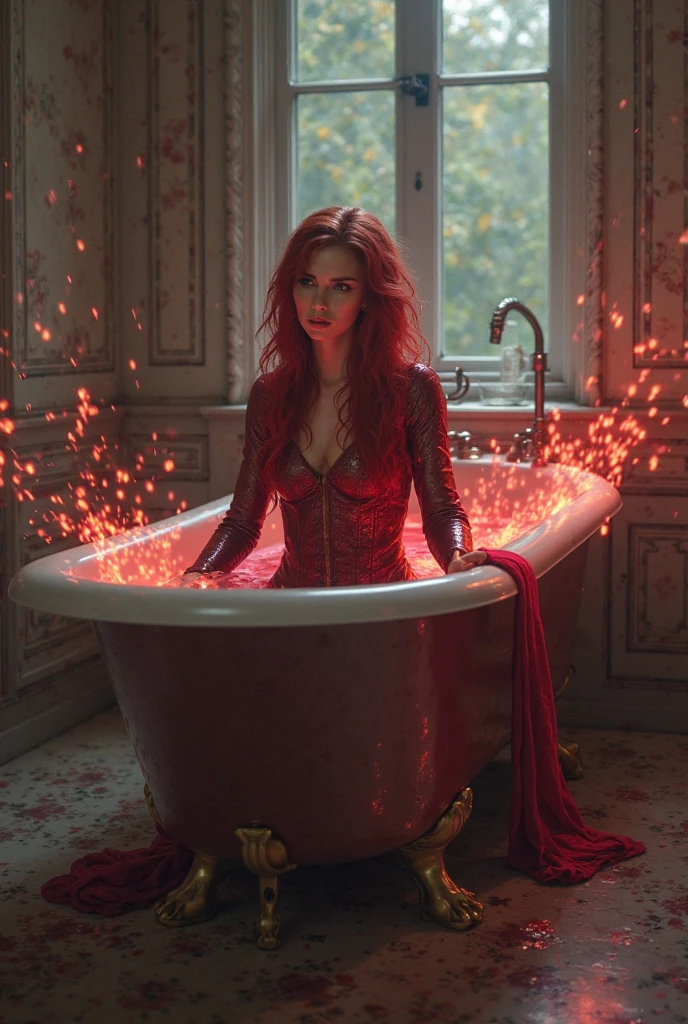 PHOTO RÉELLE DE HAUTE QUALITÉ, LE SUPER-HÉROS MARVEL SCARLET WITCH ASSIS SUR LES TOILETTES, TENANT UNE BOULE MAGIQUE DANS SES DEUX MAINS.