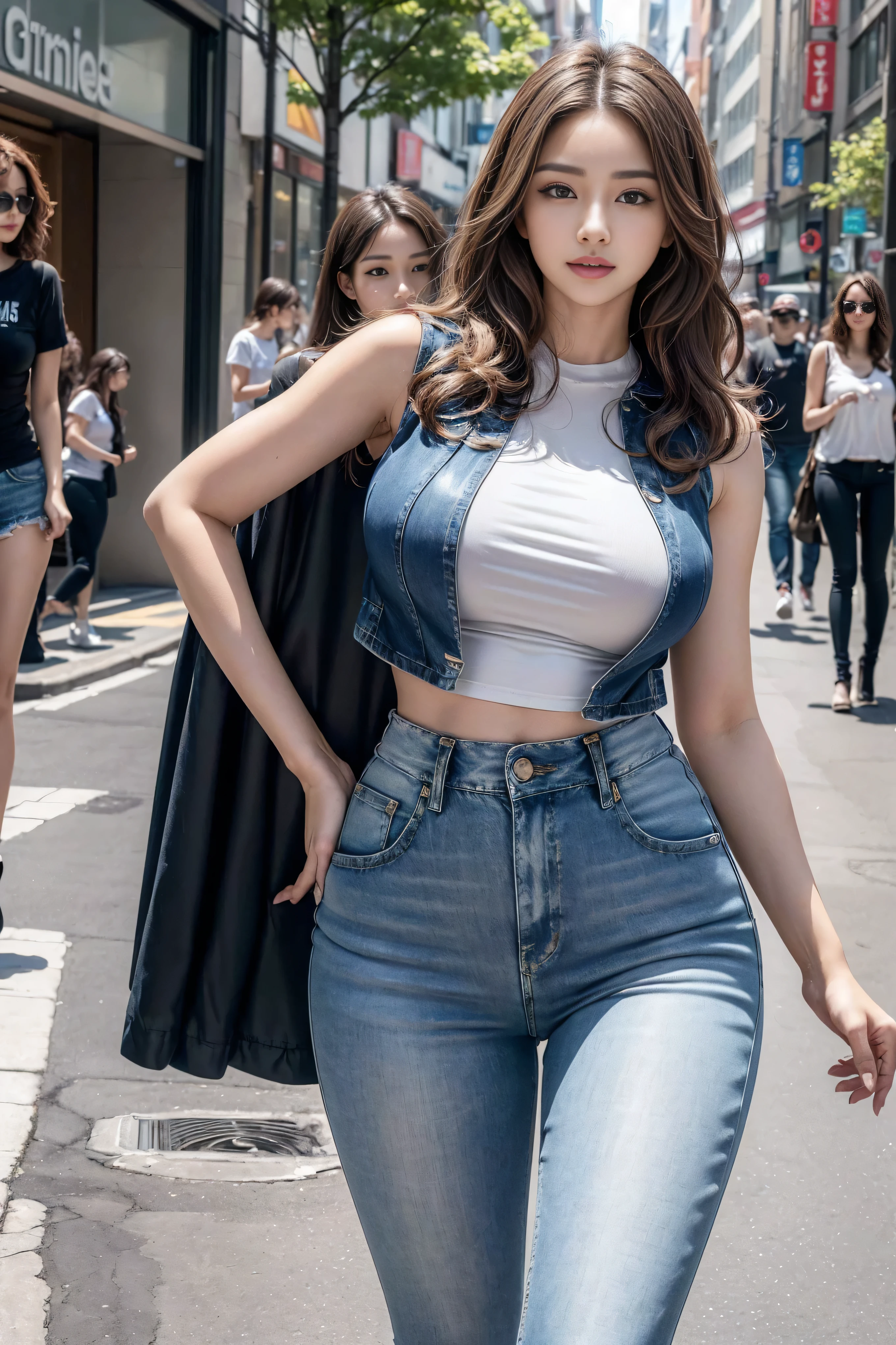 Tifa with big tits and perfect waist, beautiful Japanese girl, walks down the street, glasses, blue eyes, sexy clothes