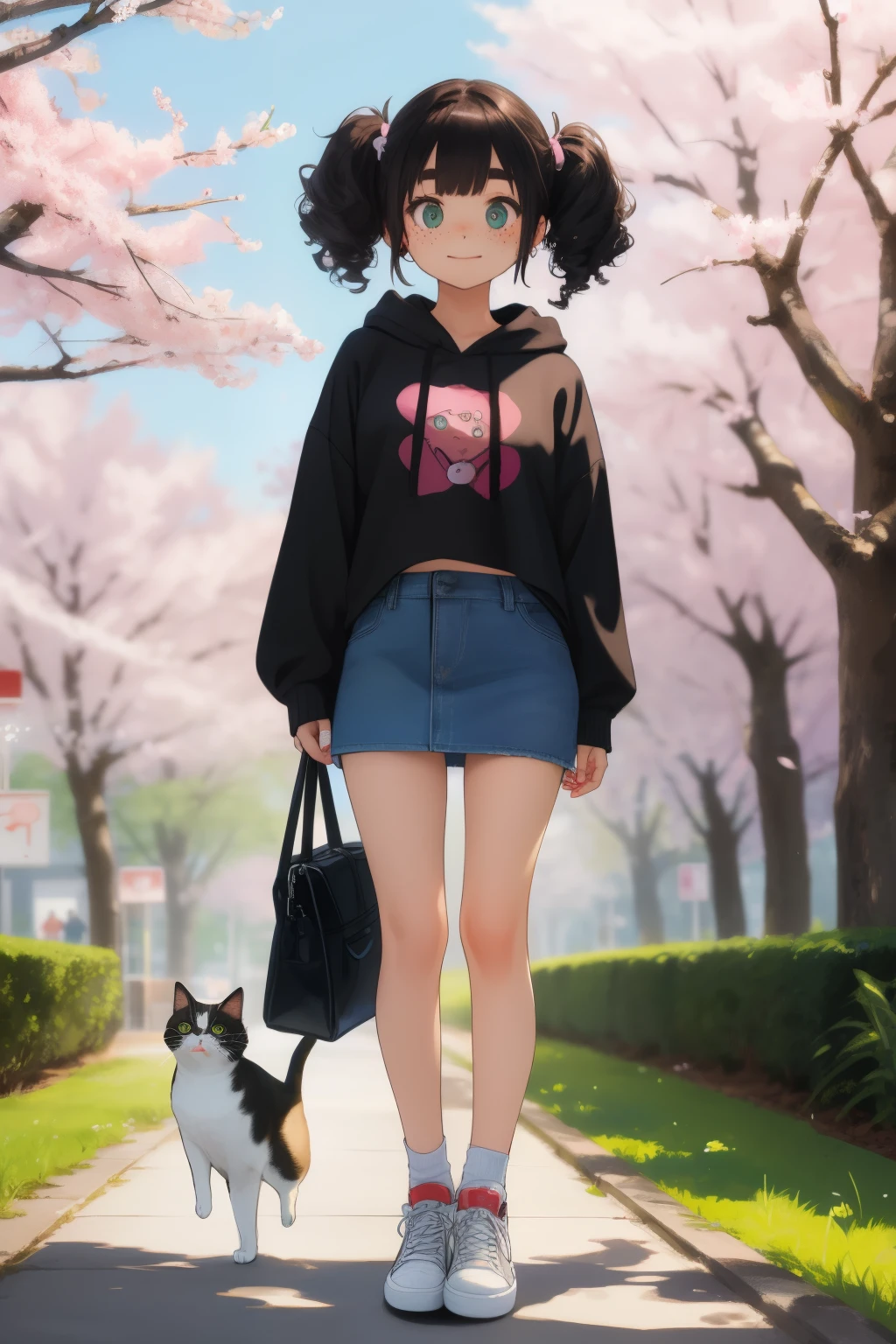 masterpiece , top quality, cute doodle ,funny, Excellent, S,Short length,Very Short, body,curly hair,twin tails, bright , curious eyes ,freckles,Tai Eyebrows,hoodie,Long Sleeve Short White Tee, Ultra Mini Denim Skirt ,open fly , sneakers,spring, Sakura Fubuki,cherry tree,pop art drawn in ,punk,bag,Journey,Playing with cats,