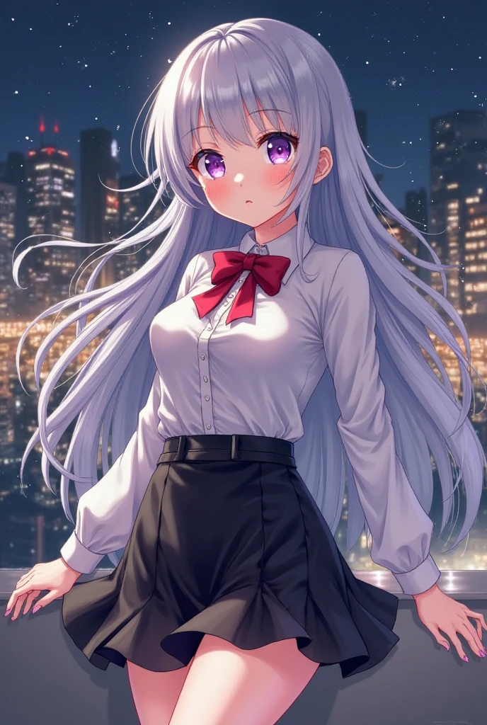 Super Detailed Game CG, (High resolution:1.1),(absurd:1.1), highest quality, High resolution, highest resolution, very detailed, anime, city, building roof, night, starry sky, pretty girl, 1 girl, kazami kazuki, silver hair, long hair, red eyes, small breasts, black bow, white knee highs, school uniform, white panties, light smile, (skirt lift:1.1), neon light, wind effect, reflection effect
