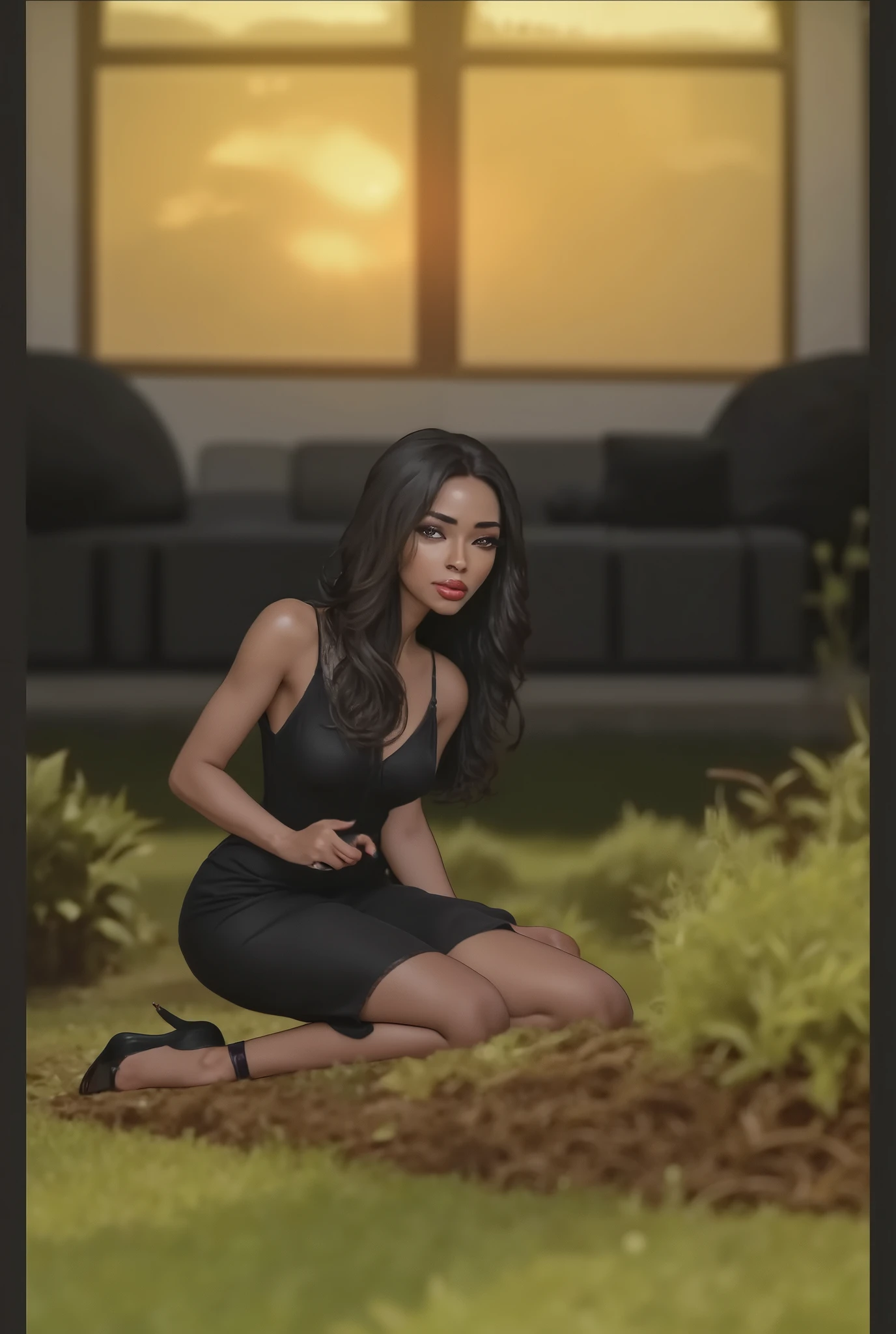 A sad married woman crying with tears rolling down her faces, she is a black woman on her knees in the grass in front of her home at sunset, in a elegant spaghetti strip black dress with no sleeves, she is wearing black with red trim elegant high heels stiletto pumps, she have her hair down in waves with a middle part, her eyes are brown, juicy plump lips with red lipstick.