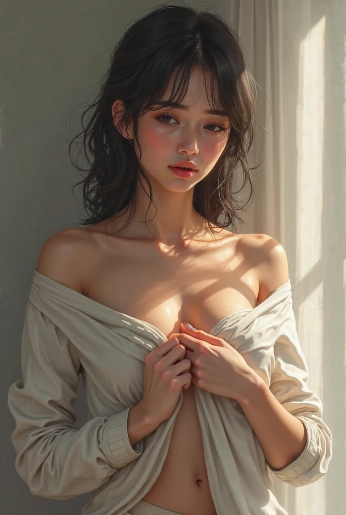 Masterpiece,Best quality,offcial art,Ultra-detailed CG unified 8K wallpaper, (hdr:1.4), (Cinematic), (pastel colour, dim colors, soothing tones:1.3), (Natural skin texture, hyper photorealism, Soft light, Sharp),(Extremely detailed), Professional lighting, Radio City,((1girll,20yr old)), inside bathroom,Sunlight light,Best quality, Lots of details, Masterpiece, Ultra-detailed, illustration, Realistic, An extremely delicate and beautiful girl, Beautiful detailed eyes,8K_the wallpaper,Beautiful detailed girl, looking at viewert, Messy hair, Large breasts, side boobs, ((chest focus)), (Larger shirt,The areola is faintly visible,Looming genitals,pubes,Lie on your back in the water,drenched all over the body), Unbuttoned, full bodyesbian, ((Sexual suggestiveness)), light smile,veins, veiny breasts,