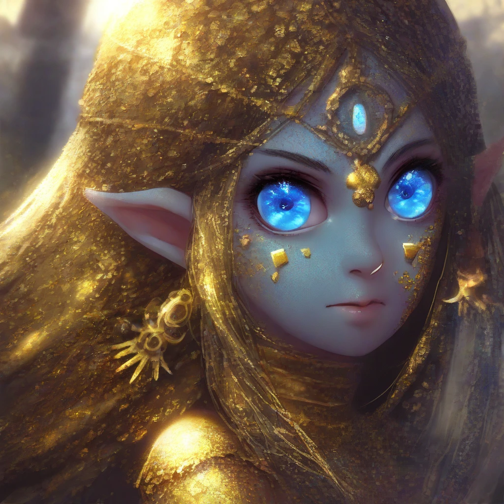 Closeup on a beautiful baby Princess Zelda dressed in a beige blanket with emeralds in a glorious appearance, cheia de orgulho, olhar vitorioso, ricamente detalhada, Hiper realista, 3D-rendering, obra-prima, NVIDIA, RTX, ray-traced, Bokeh, Night sky with a huge and beautiful full moon, estrelas brilhando, campos do Reino de Hyrule, numa manjedoura bege com bronze, Flags on camera, Bokeh, 8k,