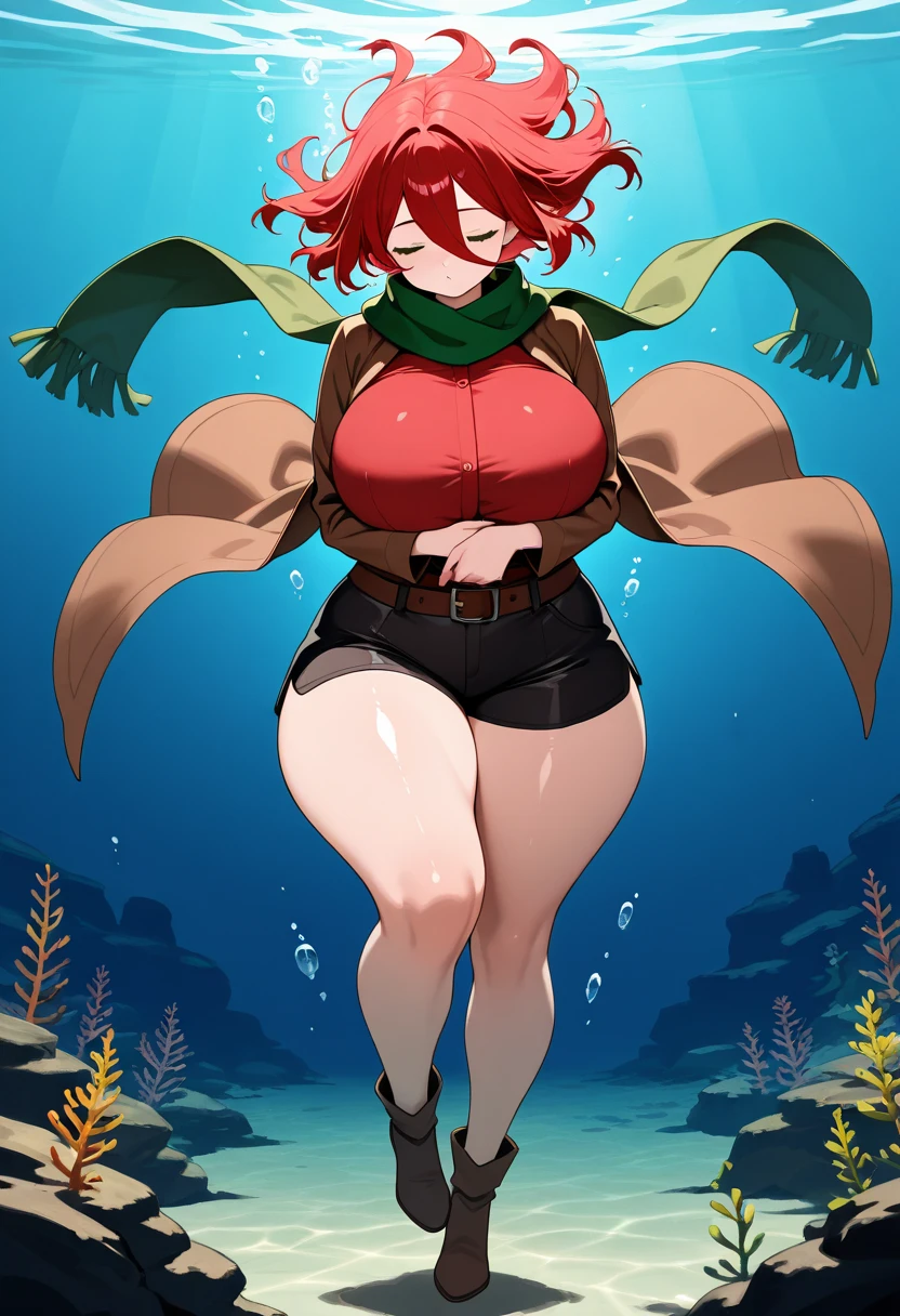 (masterpiece, best quality, highres, detailed:1.2), 1girl, solo, redhead, glasses, in gelatinous cube,  black bikini, (plump:1.5), (belly overhang:1.5), medium breasts, thick arms, (huge bely), <lora:BGV5EX:1>, <lora:CubeLora:0.9>, <lora:sizemologist-nai-v8:0.6>