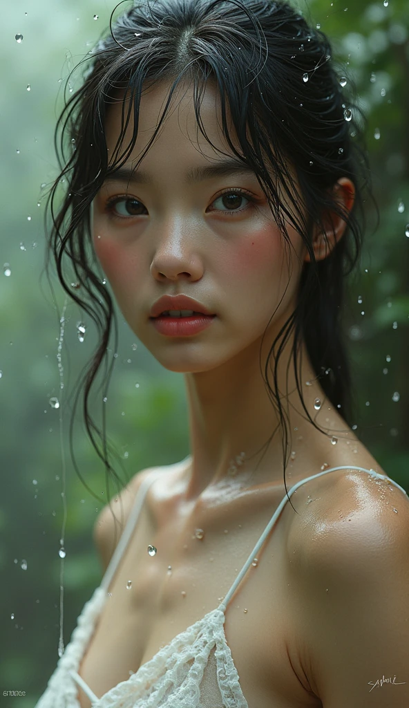 Vous êtes un photographe professionnel。Ceci est une photo de la scène de travail.。casser,chef-d'œuvre、8K、la plus haute qualité, Lumière douce, Ultra haute résolution, (Réaliste:1.4), Photos brutes,2 、1 fille japonaise, seul, Mignon、(élève, la lumière dans tes yeux), yeux noirs naturels、Beau visage dans les moindres détails,(détail haute résolution de la texture de la peau humaine)、(semi-nu、Beaux tétons)、(clivage、Gros seins)、visage troublé、(Orteil de chameau)、(Transparence)、Messieurs、professeur、(porter un chemisier blanc)、peau mouillée、vêtements mouillés、debout sous les avant-toits、À l'abri de la pluie、(Portrait)