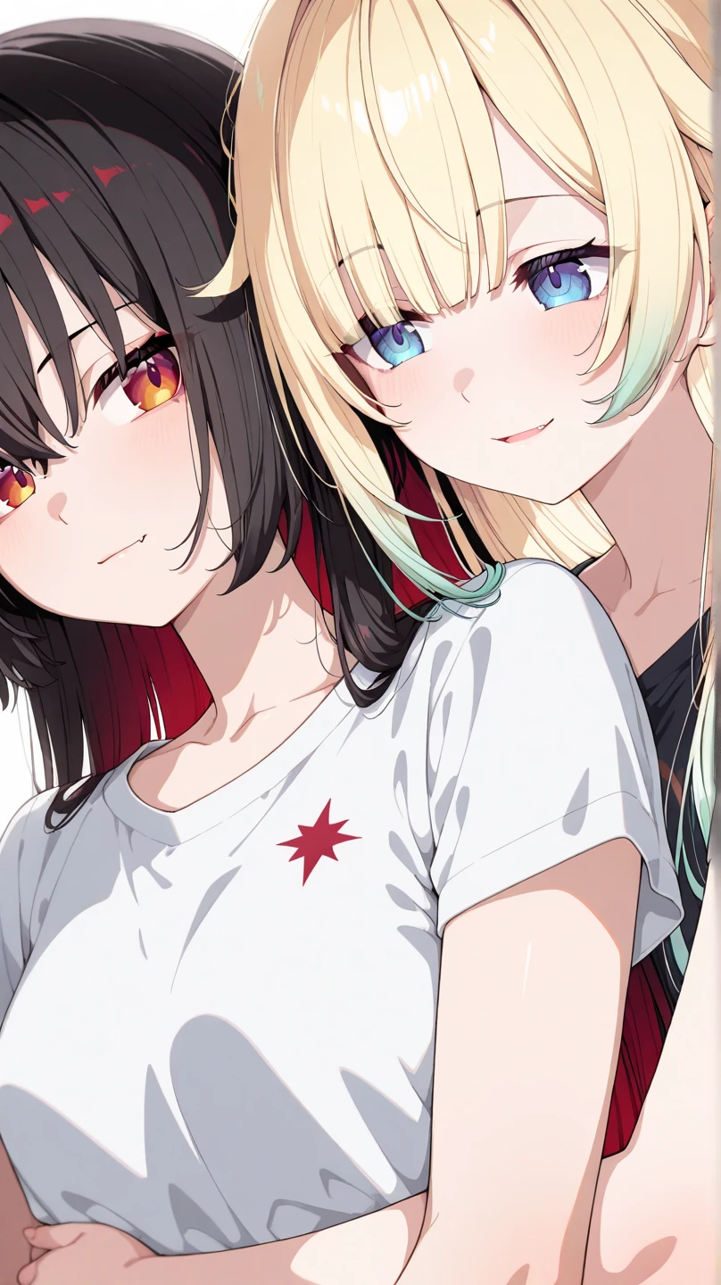 couple, duo focus, 2girls, white_background, simple_background, upper_body, casual clothes, medium close-up face shot, hug_from_behind, (Hinako Alter, deep black hair, red bangs, small breast, long hair, red undertones hair, Shaved Sections hair, long hair, layered, shaved-dyed sections hairstyle, varying lengths hair, bright red dragon eyes, parted lips, bangs, fang, red Star cross-geometric pattern tattoo arround neck, no piercing), BREAK, (Aizawa Ema, blonde hair, green bang, blue eyes, medium breast, warm smile, closed mouth)
