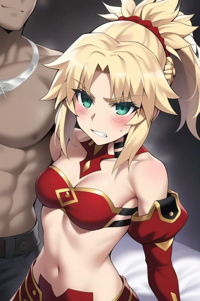 masterpiece, best quality, absurdres, perfect anatomy, 1girl, solo, Laykus, long hair, hair flower, bikini, cleavage, smile, arms behind back, leaning forward, (((upper body))), detailed eyes, green eyes, blush, ((enslaved, beaten, blood, ultra-detailed eyes))