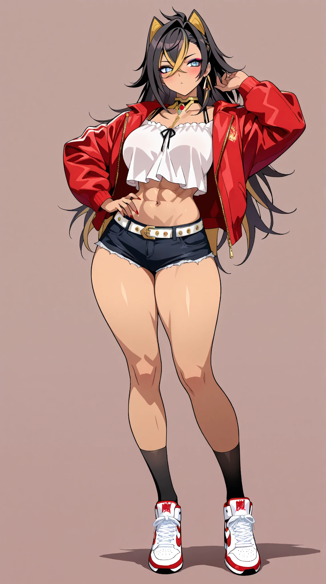 (top-quality、masterpiece)、1girl in、A stunning、A dark-haired、barechested、(((knee high stockings)))、(((Brown skin tone)))、sun burn、Mole、(((Colossal tits)))、large full breasts、Sheer areol、Black underwear is visible、Show underwear、neck tie、I can see my chest a little