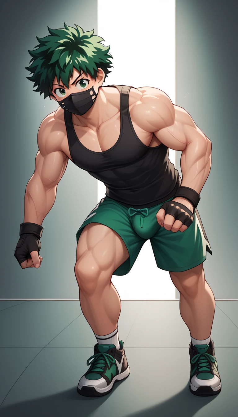 Katsuki Bakugo from My Hero Academia as a hyper muscular brainwashed thrall wearing a full body black shiny rubber latex gimp uniform staring blankly ahead with vapid expression as he restrains Izuku Midoriya in a restraint chair in an abandoned warehouse while lowering a helmet with a tinted visor onto Midoriya's head to brainwash Midoriya. Repeating mantras over and over again to turn Midoriya into another brainwashed thrall and affirm that they are nothing more than obedient minions to the villains. Hyper muscles. Hyper crotch bulge. Massive swollen crotch. Massive swollen pectorals. Thick glutes. Muscular thighs. Broad shoulders. Big traps. Massive biceps. Massive triceps. "Serve. Obey. Conform. Comply. No more self. There is no 'I.' Stare. Don't think. Accept this fate. Become a drone. Assimilate." IQ drain. hypnosis. Hypnotic trance. Hypnotized. Brainwashing. Entranced. Enthralled. Dumber and dumber. Programming. Subliminals. Conformity. Assimilation.